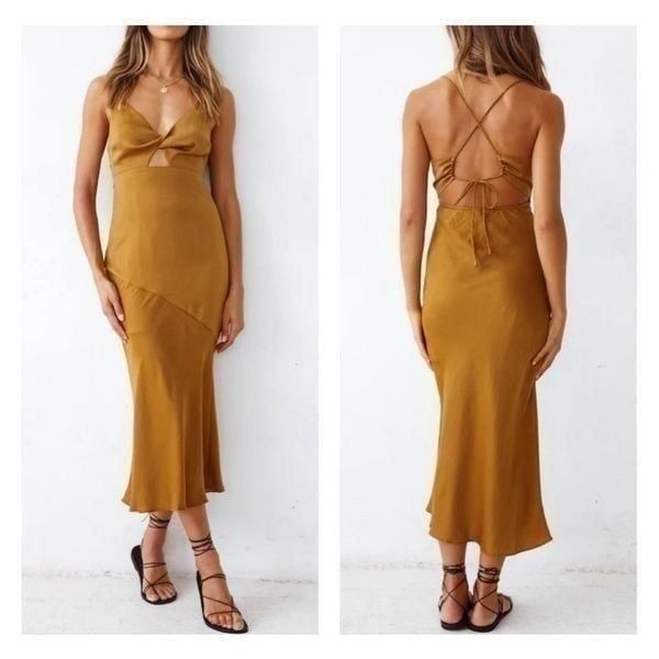All about May bronze copper satin tie back midi slip dress size 4