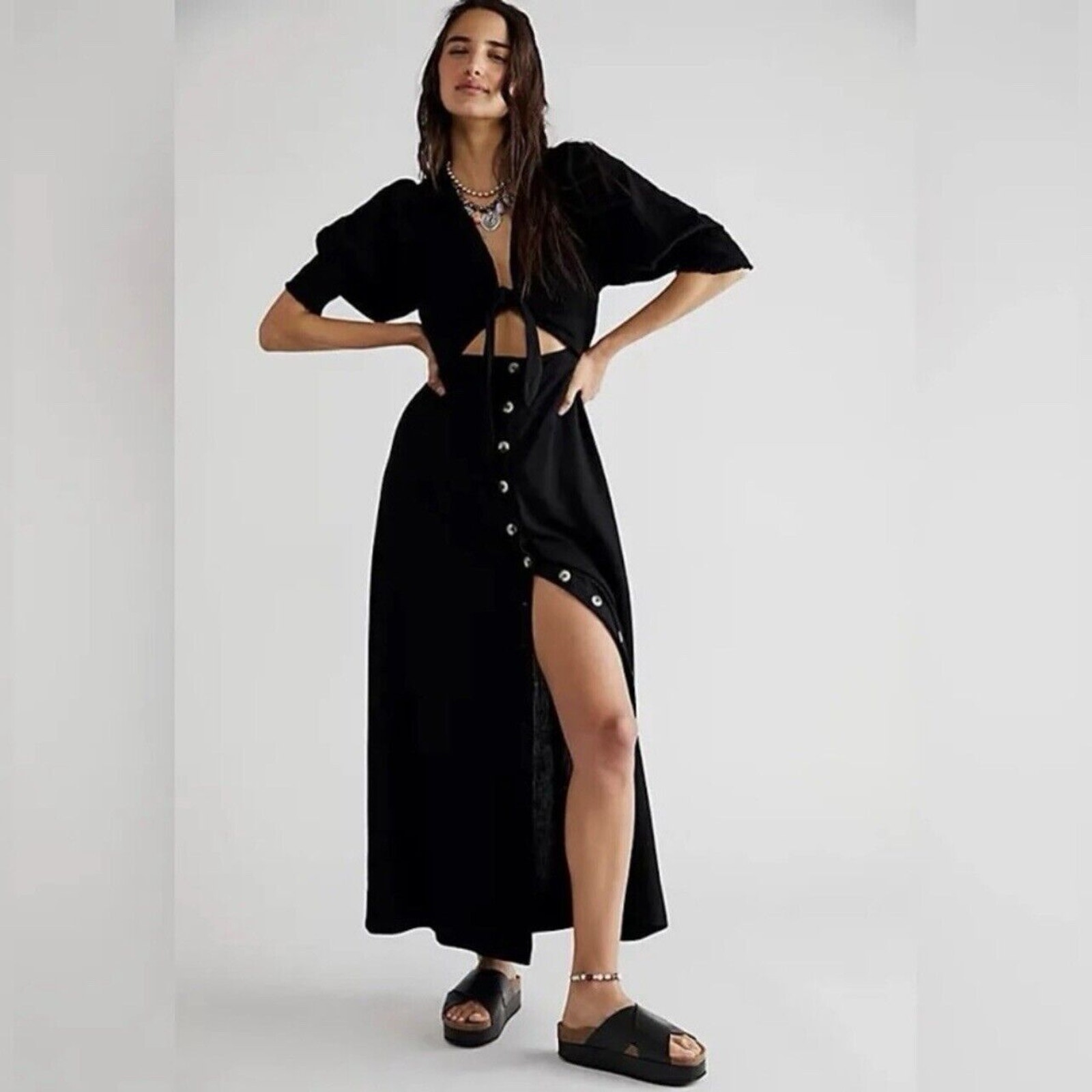NWT Free People String of Hearts Black Tie Front Cutout Maxi Dress Size M 168