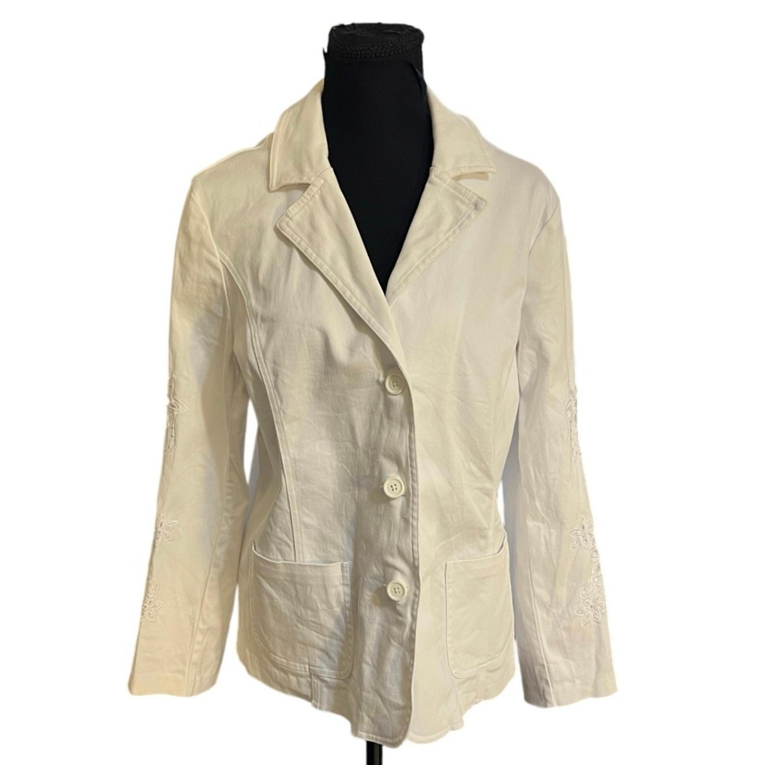 Susan Graver White Eyelet Trim Casual Cotton Blazer Jacket Size L