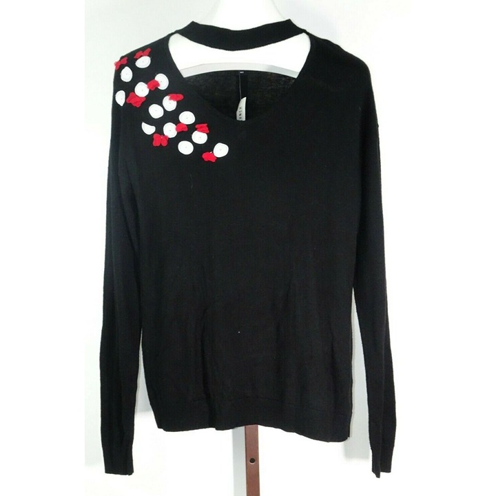 Ladies Womens Black Long Sleeve Minnie Rock the Dots Pullover Sweater Sz M NEW