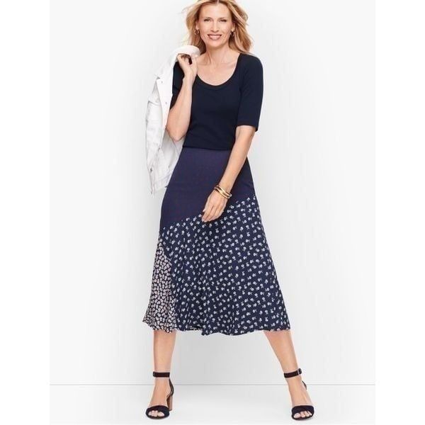 Talbots Pieced Floral Midi Skirt Navy Size 8