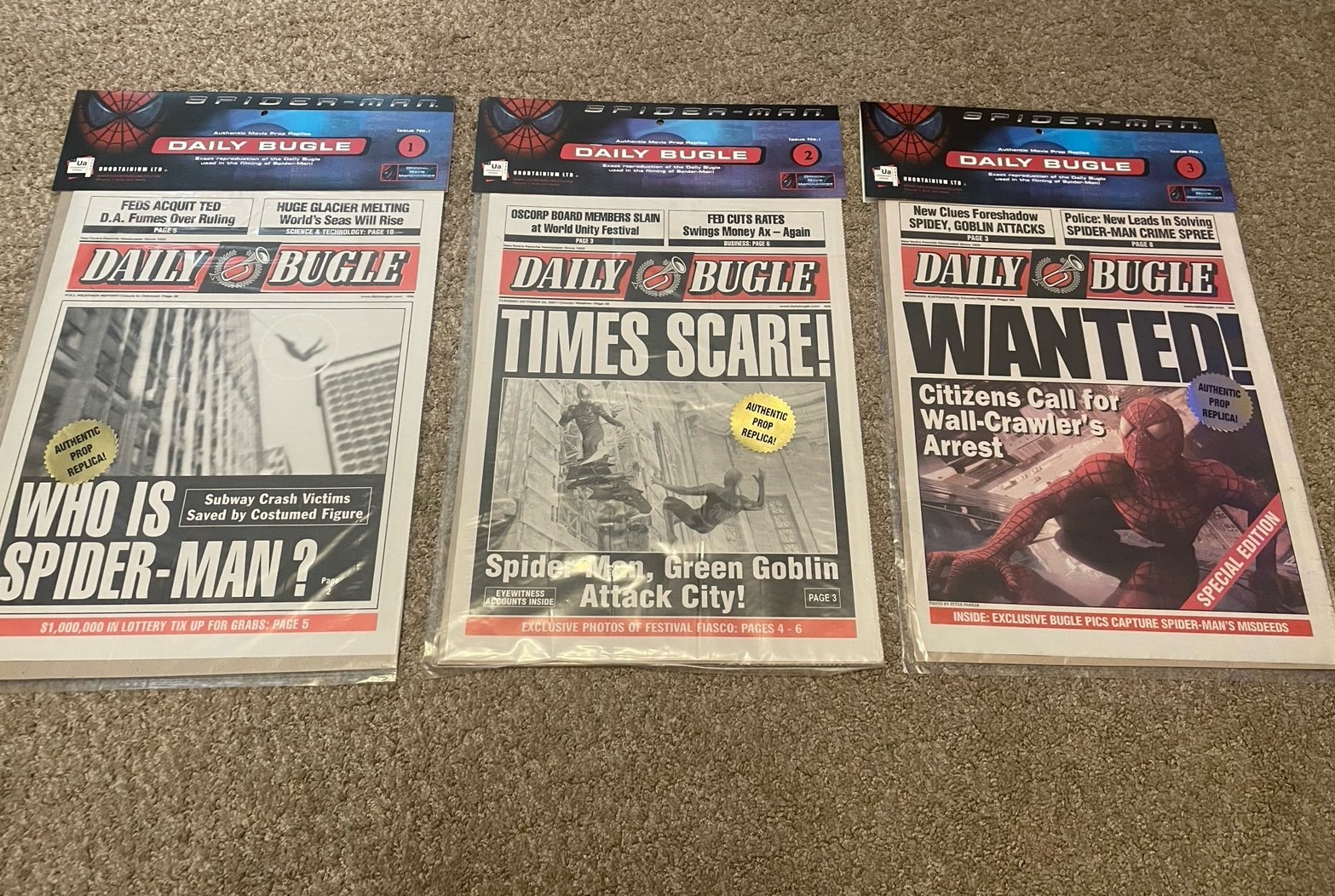 Spider-Man Daily Bugle Authentic Prop Replica newspaper set of 3