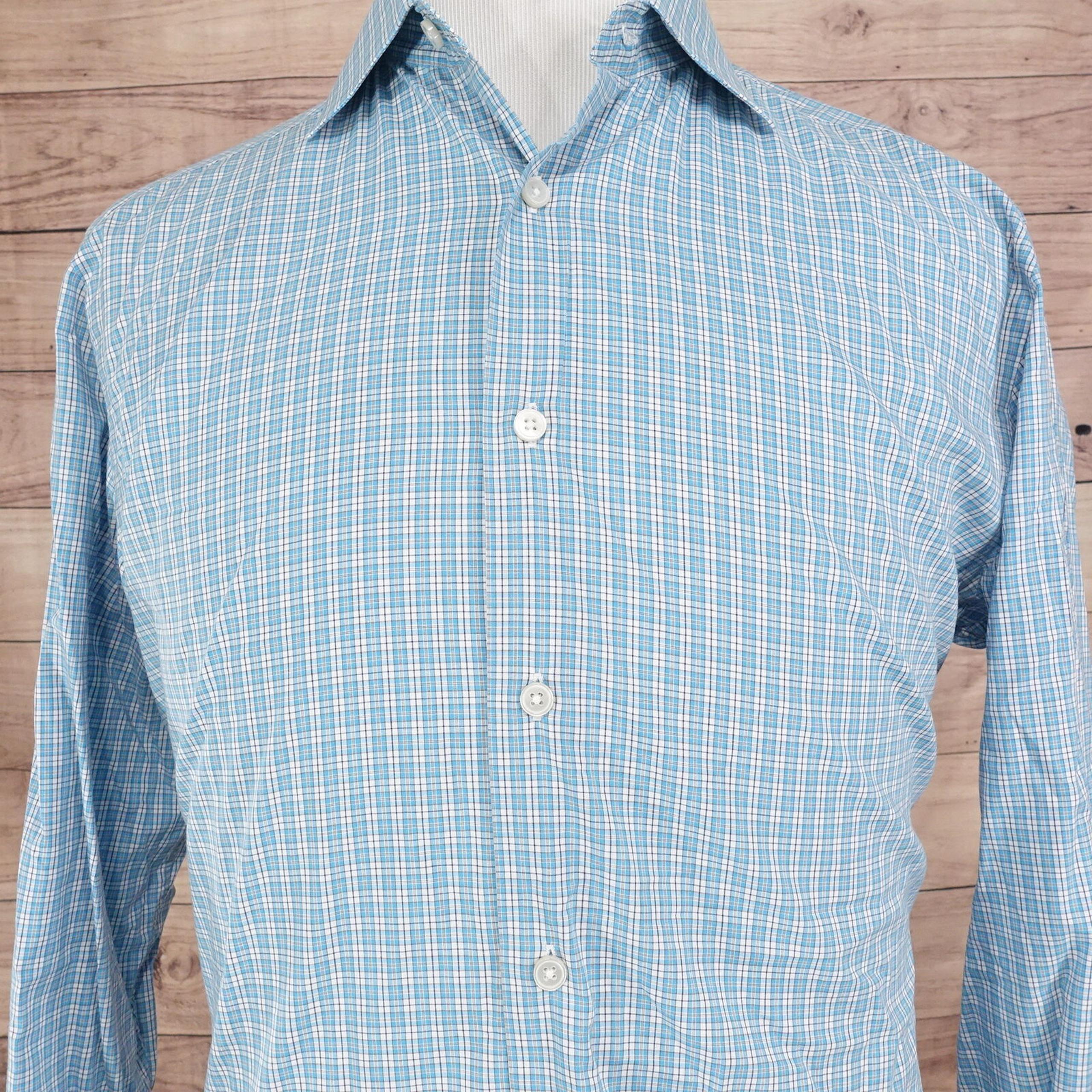 NEIMAN MARCUS BLUE CHECK PLAID BUTTON DOWN SHIRT MENS SIZE L LARGE