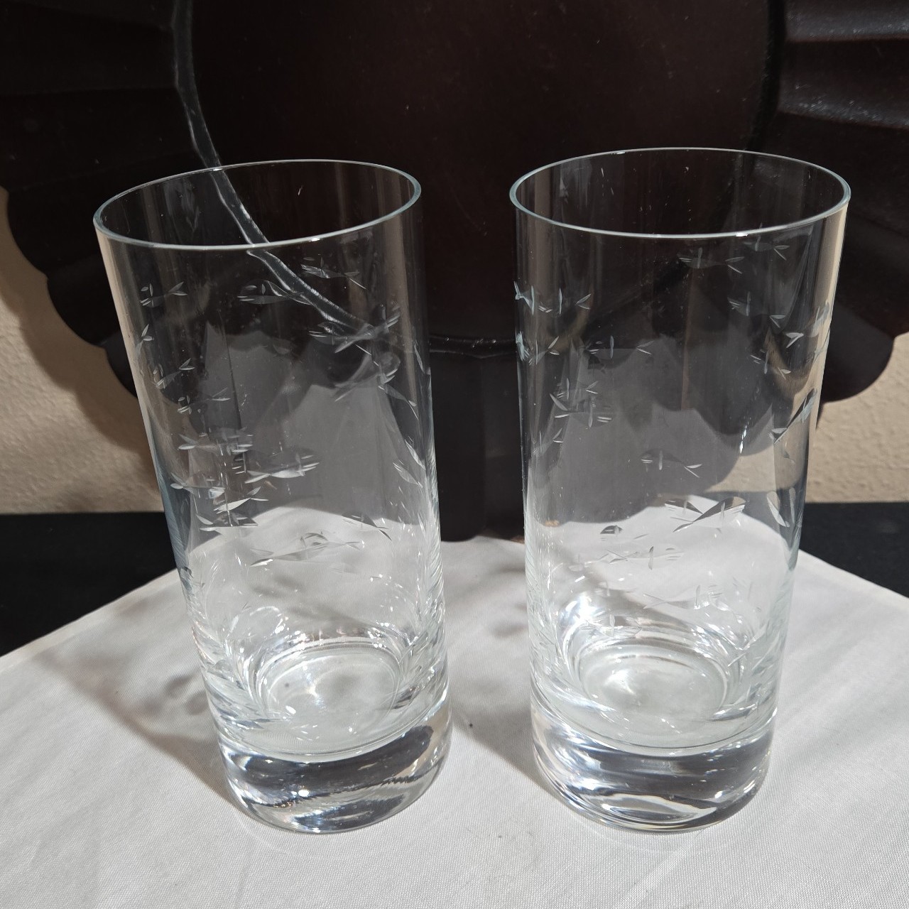 Crate And Barrel Reef Set Of Two Etched Fish Highball Glasses.