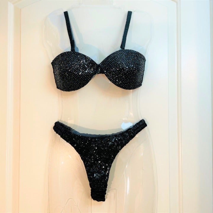 Vintage Black Sequin Bra & Thong Set, L