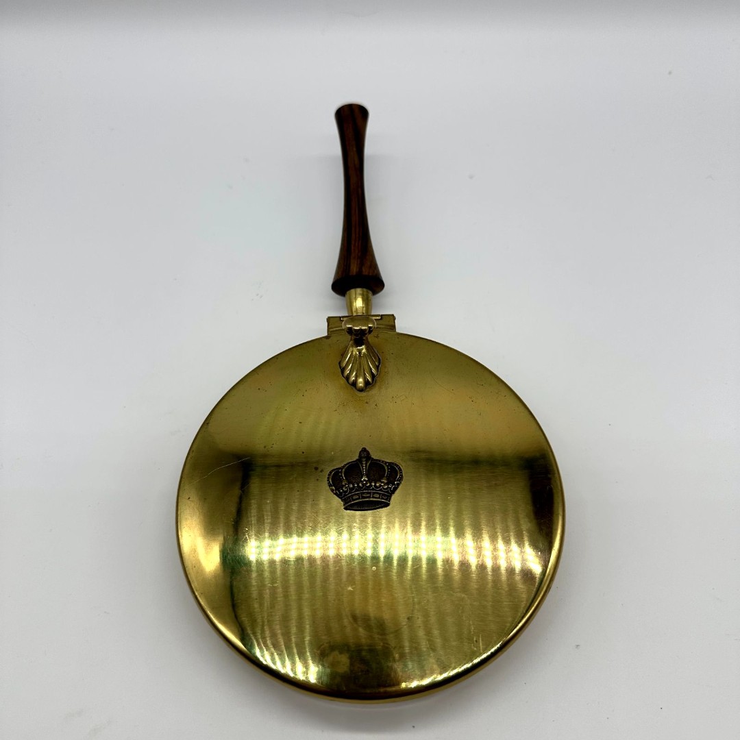 Antique 1930's Brass Crumb Catcher Pan Hinged with Family Crest Crown Wood