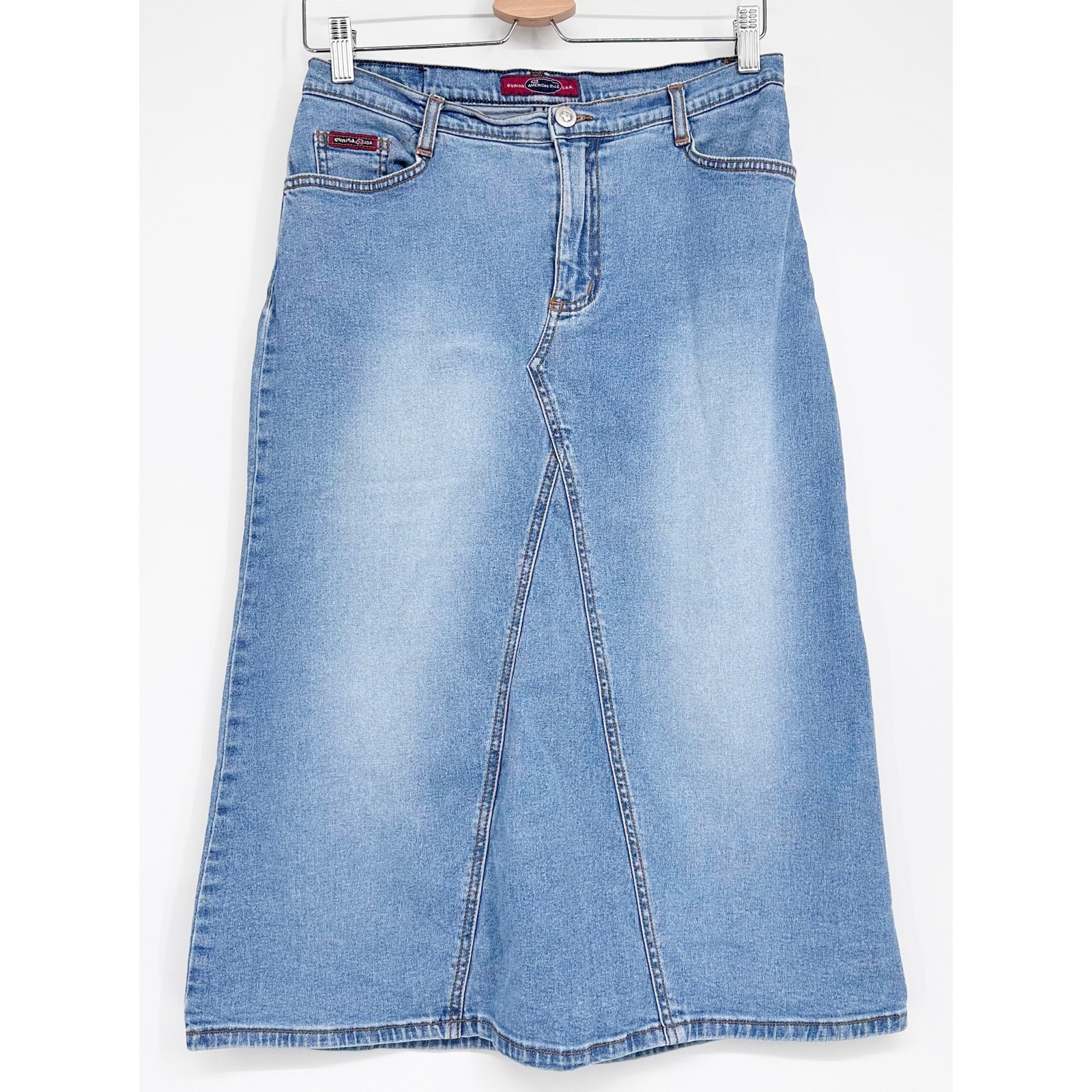 Vintage American Style Blue Flared A Line Blue Denim Skirt Size M Stretch Y2k