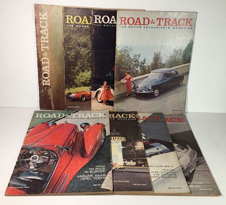 Road And Track 1958 Lot Of 8 Magazines Jaguar Saab Opel Mercedes Sports Cars