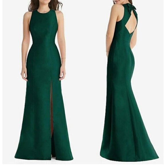 Alfred Sung D824 Hunter Green Jewel Neck Open Back Bow Gown Size 12