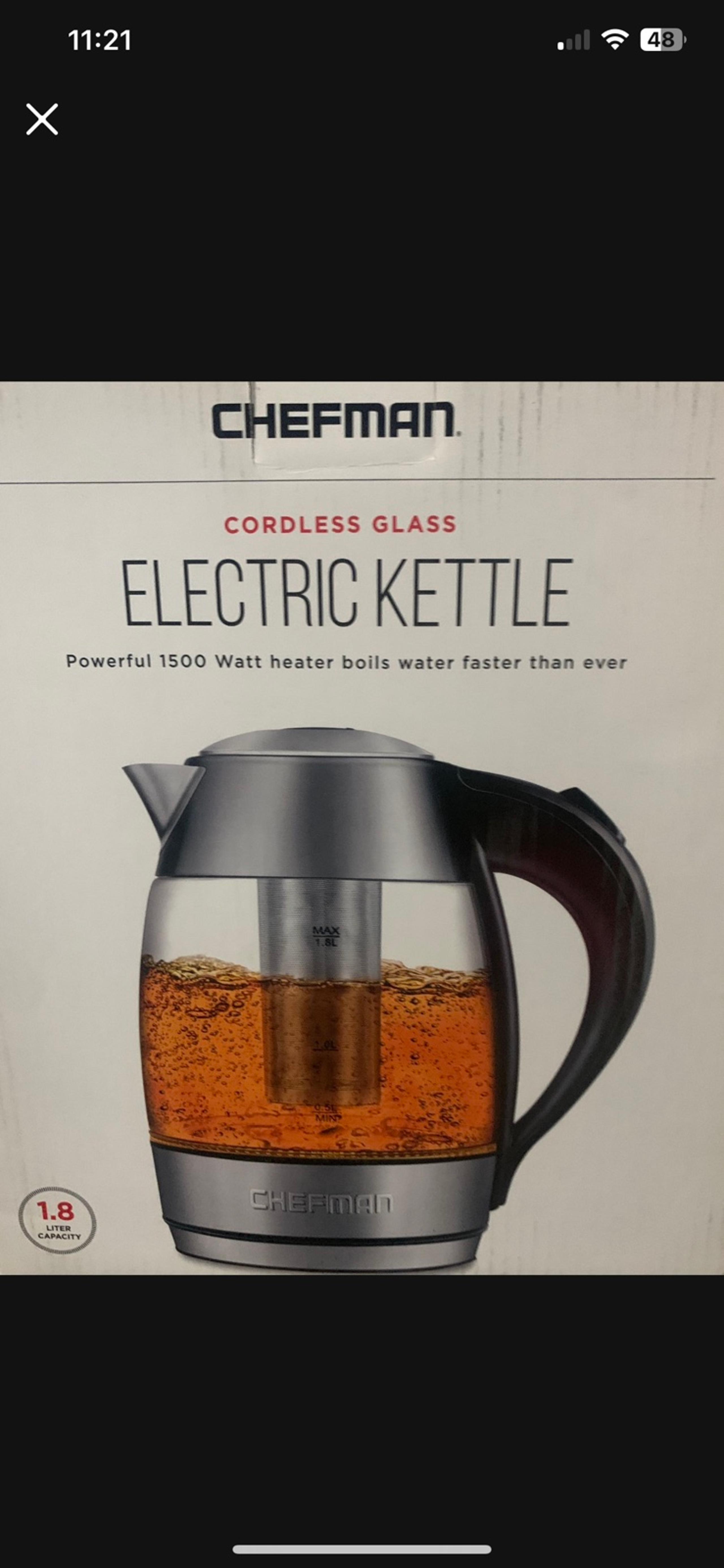 New in Box- Chefman 1.8 L Electric Borosilicate Glass Kettle, Fast Boiling LED L