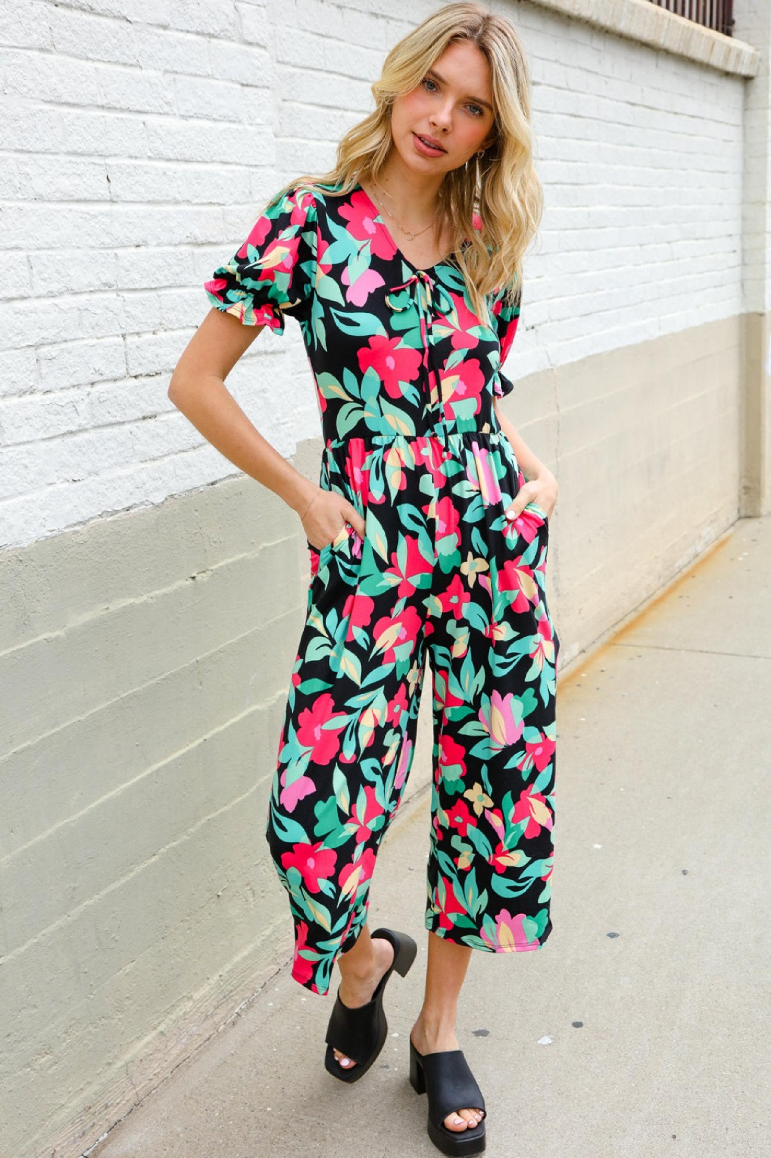 Floral Wide Leg Jumpsuit | Ruffle Sleeve | Small | Stretch + Pockets