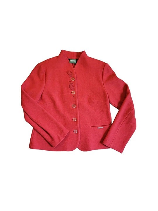 Geiger Womens Red Embroidered Wool Button Front Blazer Size 40 or Large