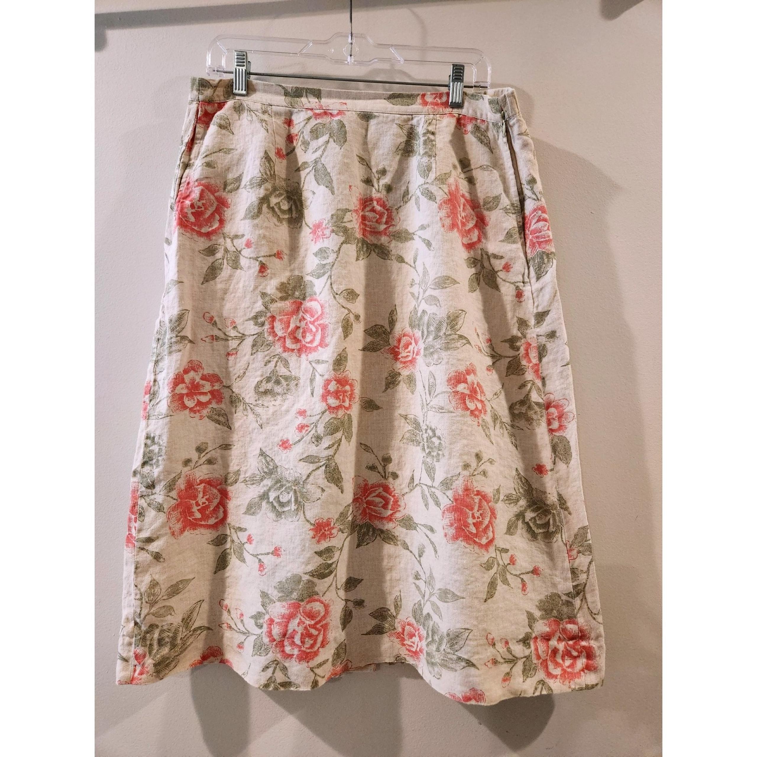 Vintage Floral Linen Skirt A-Line Midi Cottagecore Feminine Skirt Womens Size Lg
