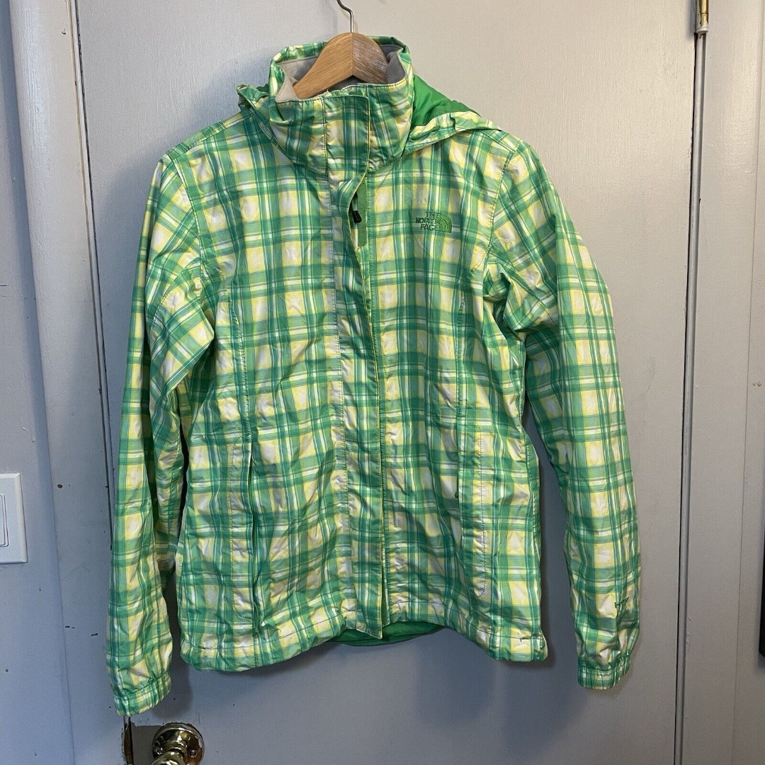 North Face Resolve Plaid Hyvent Rain Jacket Green Yellow Women's Medium