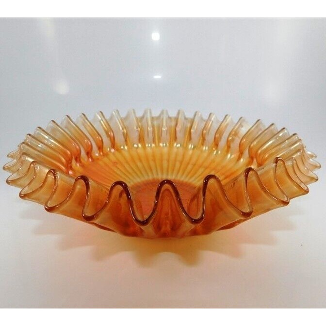 007/2112 Vintage Marigold Iridescent Carnival Glass Ribbon Rimmed Bowl – 8” X 3”