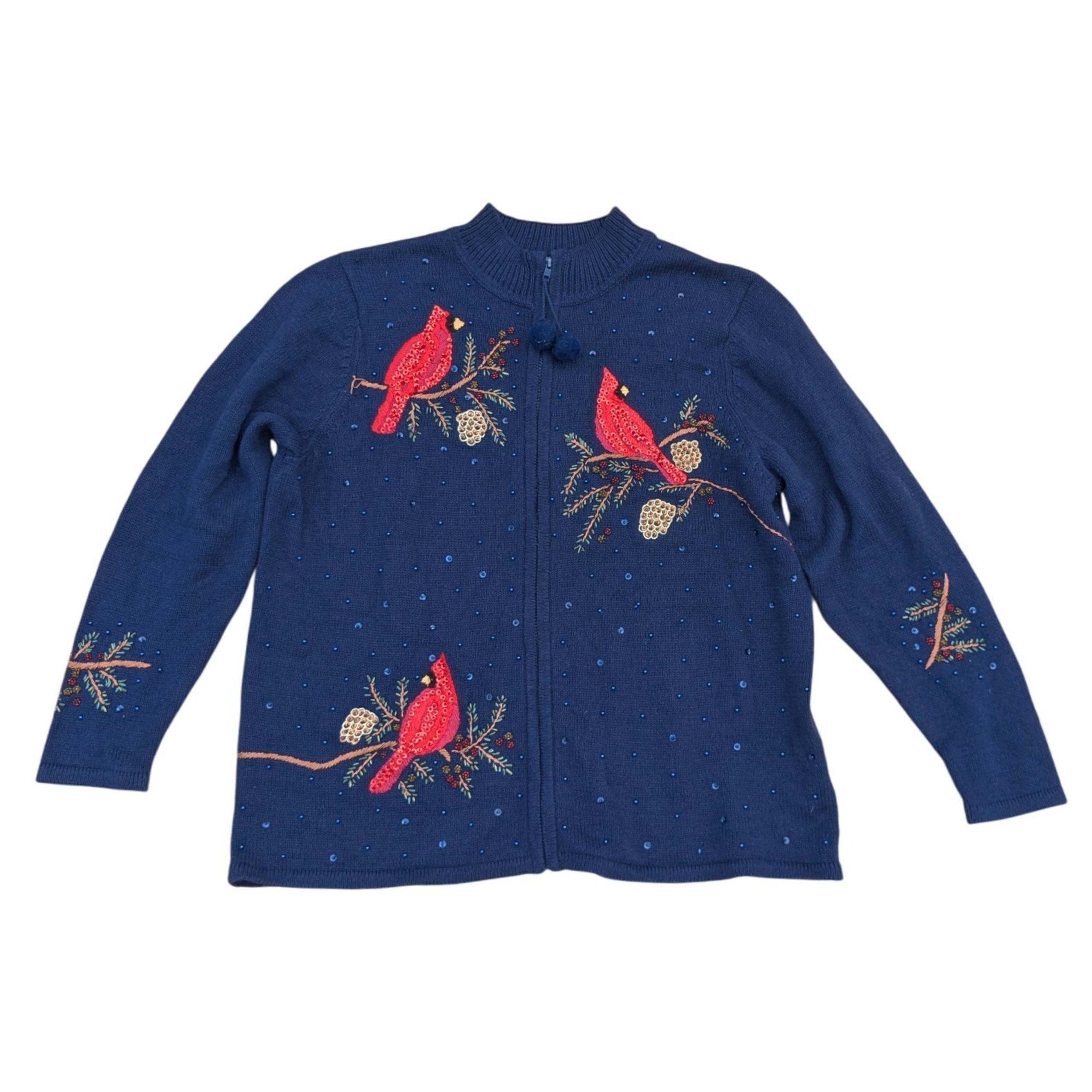 Quacker Factory Navy Blue Knit Christmas Cardinal Winter Zip-Up Sweater Women XL
