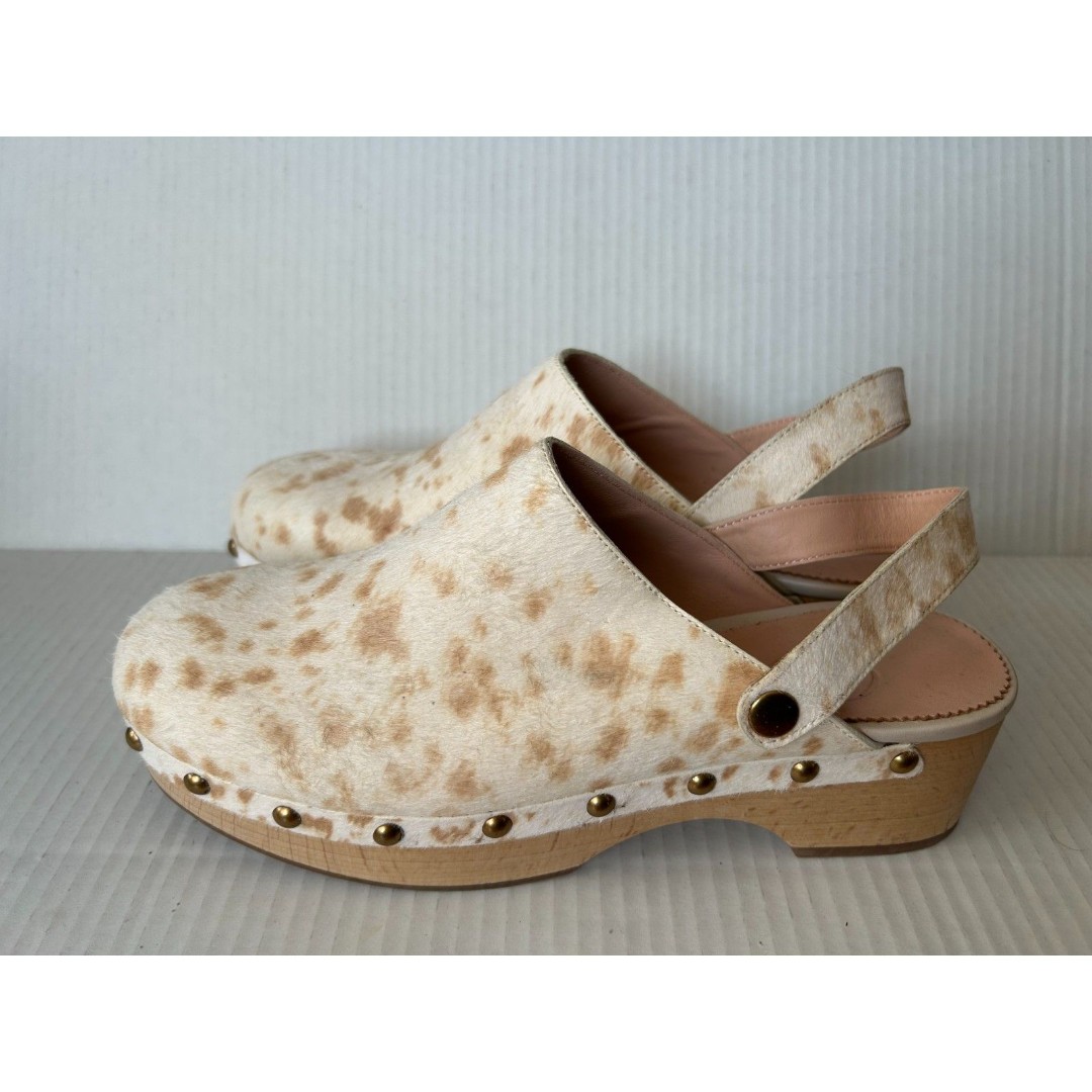 J.Crew Real Fur Calf Hair Wood Heel Clog Mule Sz 8.5 Neutral
