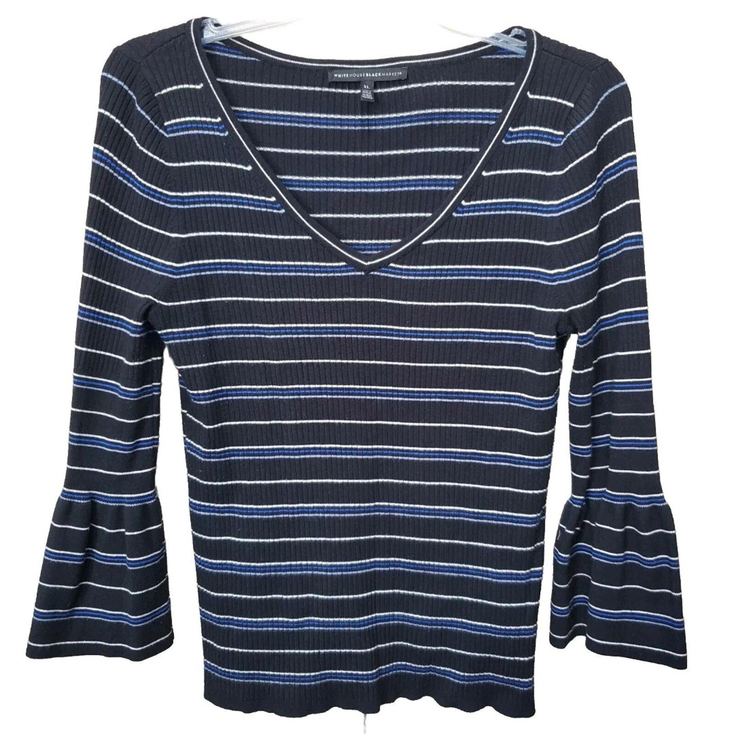 White House Black Market Striped Ribbed Bell Sleeve V-Neck Sweater Size XL