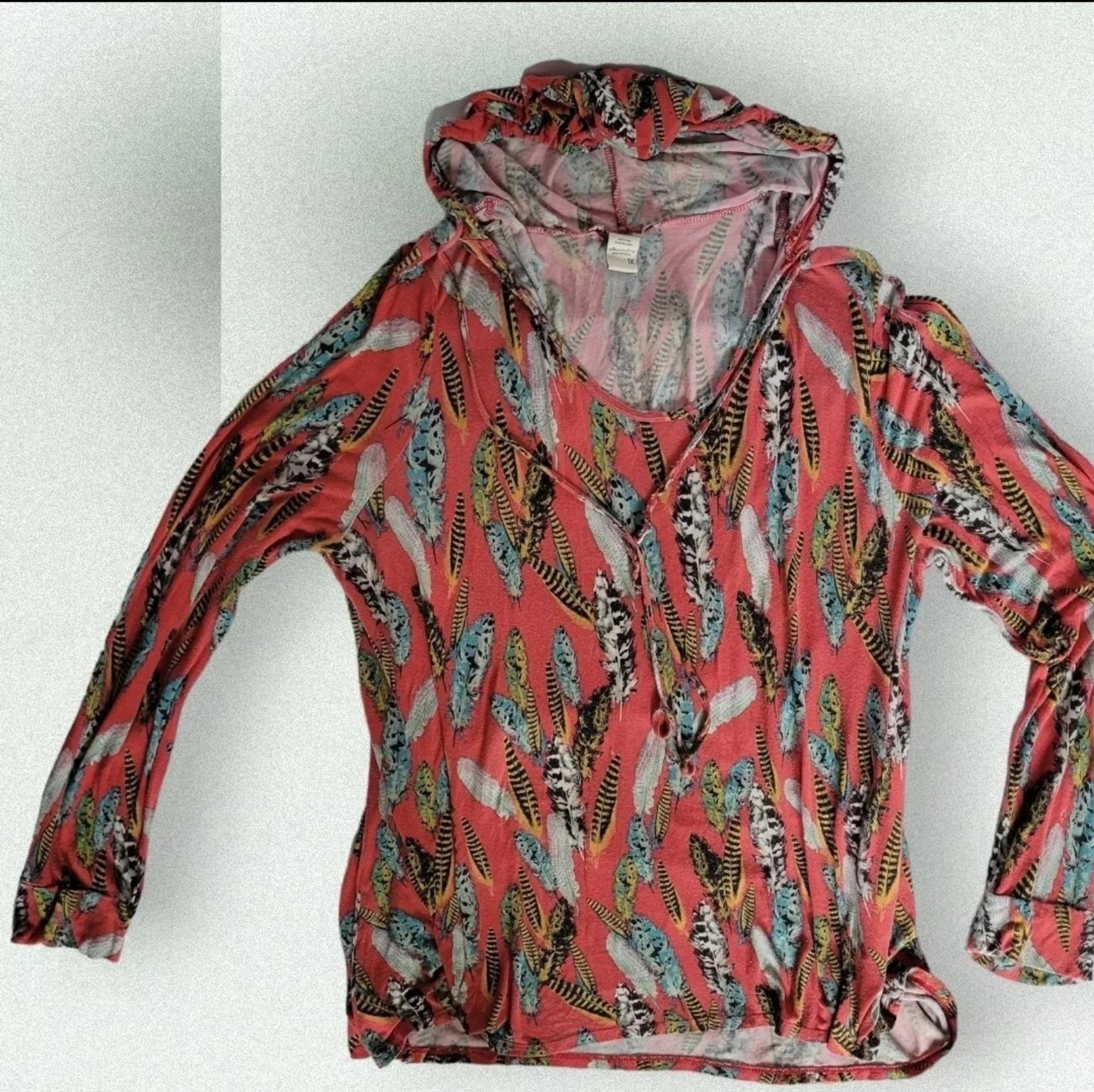American Rag Feather Pattern Hoodie Shirt Soft Stretchy BOHO  Size 1X