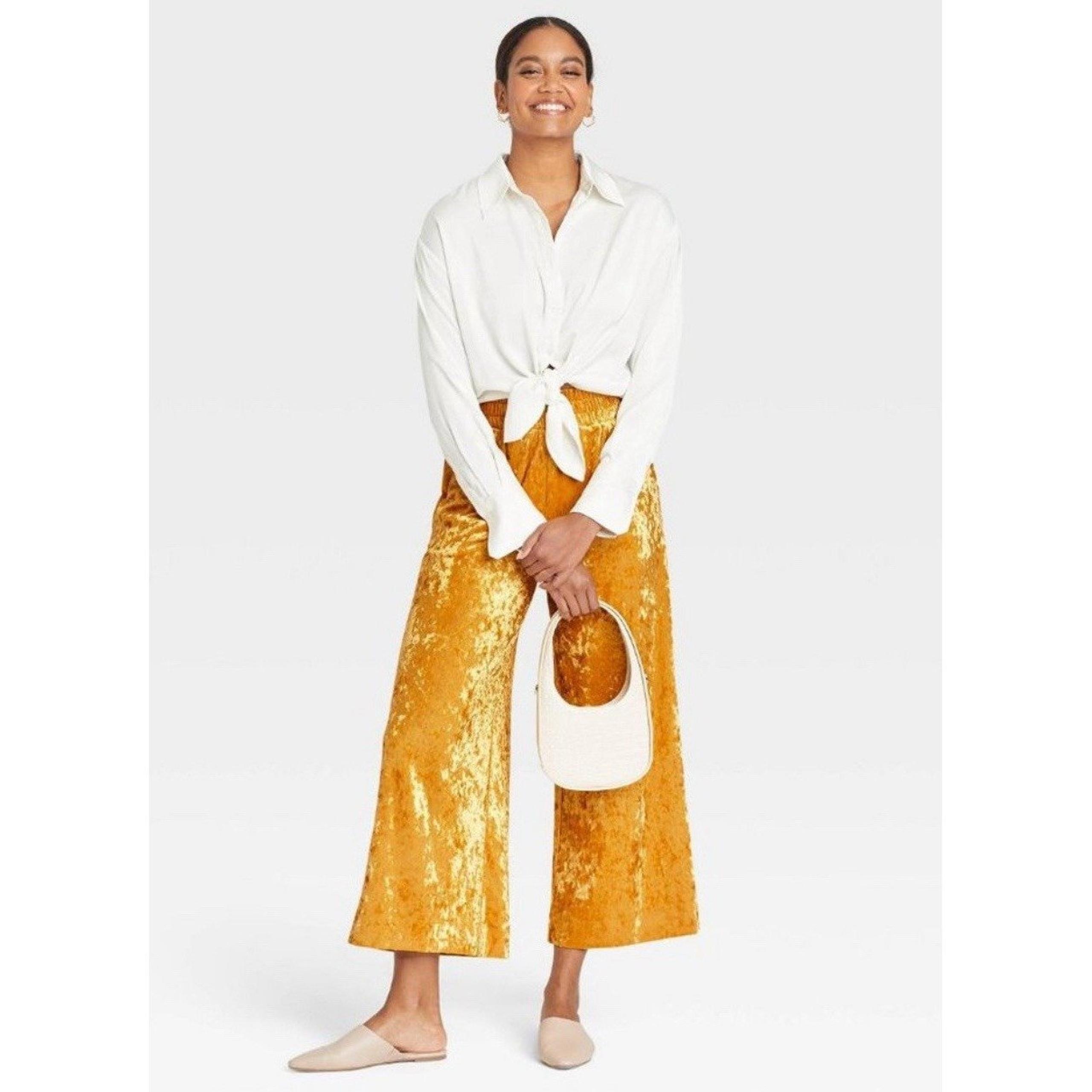 Gold Crushed Velvet Pants Women Size XXL Wide Leg Crop Ankle Pull On A NEW DAY