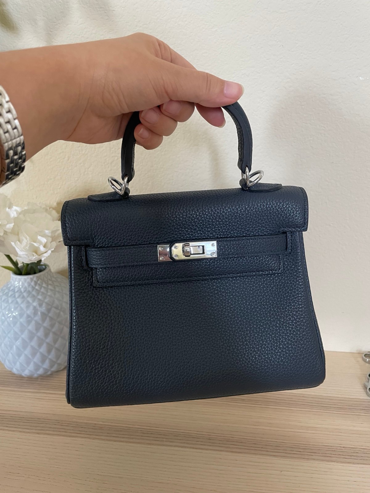 Midnight Blue Mini Leather Top Handle Belted Satchel 20cm