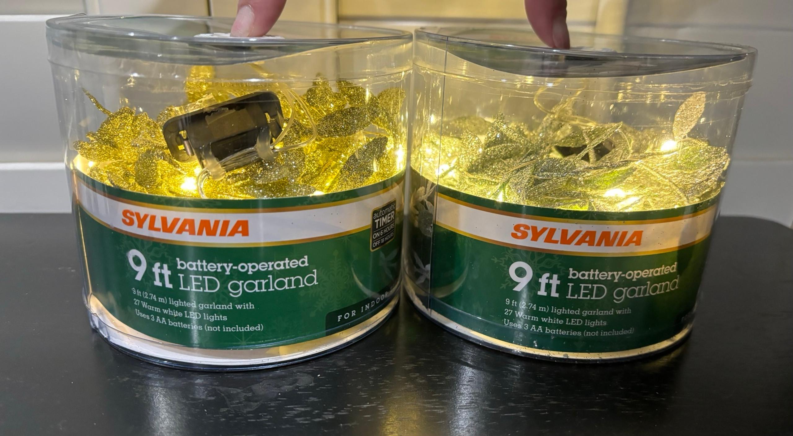 NEW (2) Sylvania 9' Battery Operated LED Silver or Gold Leaf Garland With Timer