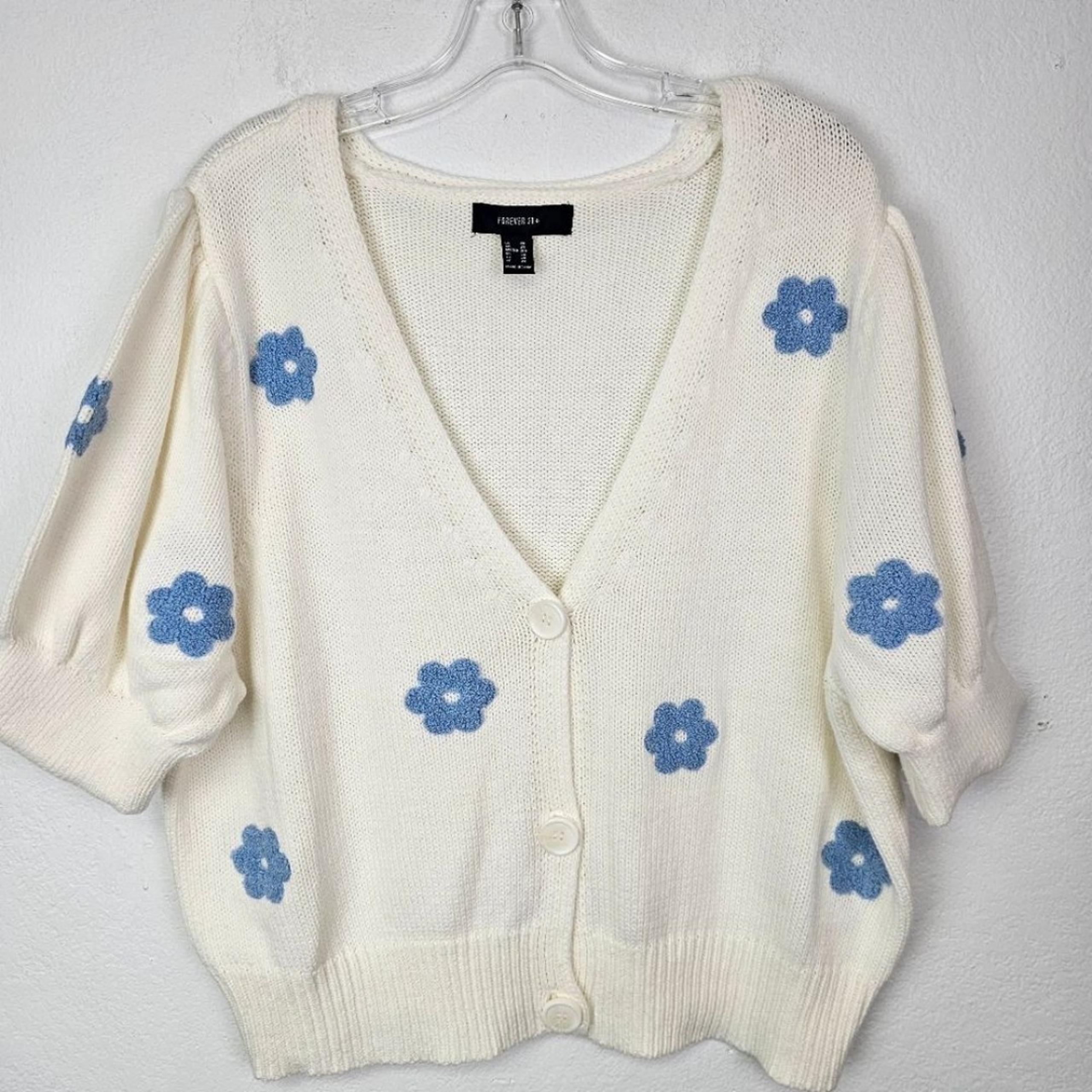 Forever 21 Retro Sweater Cardigan Cropped Flower Embroidery Sz 2X Hippie