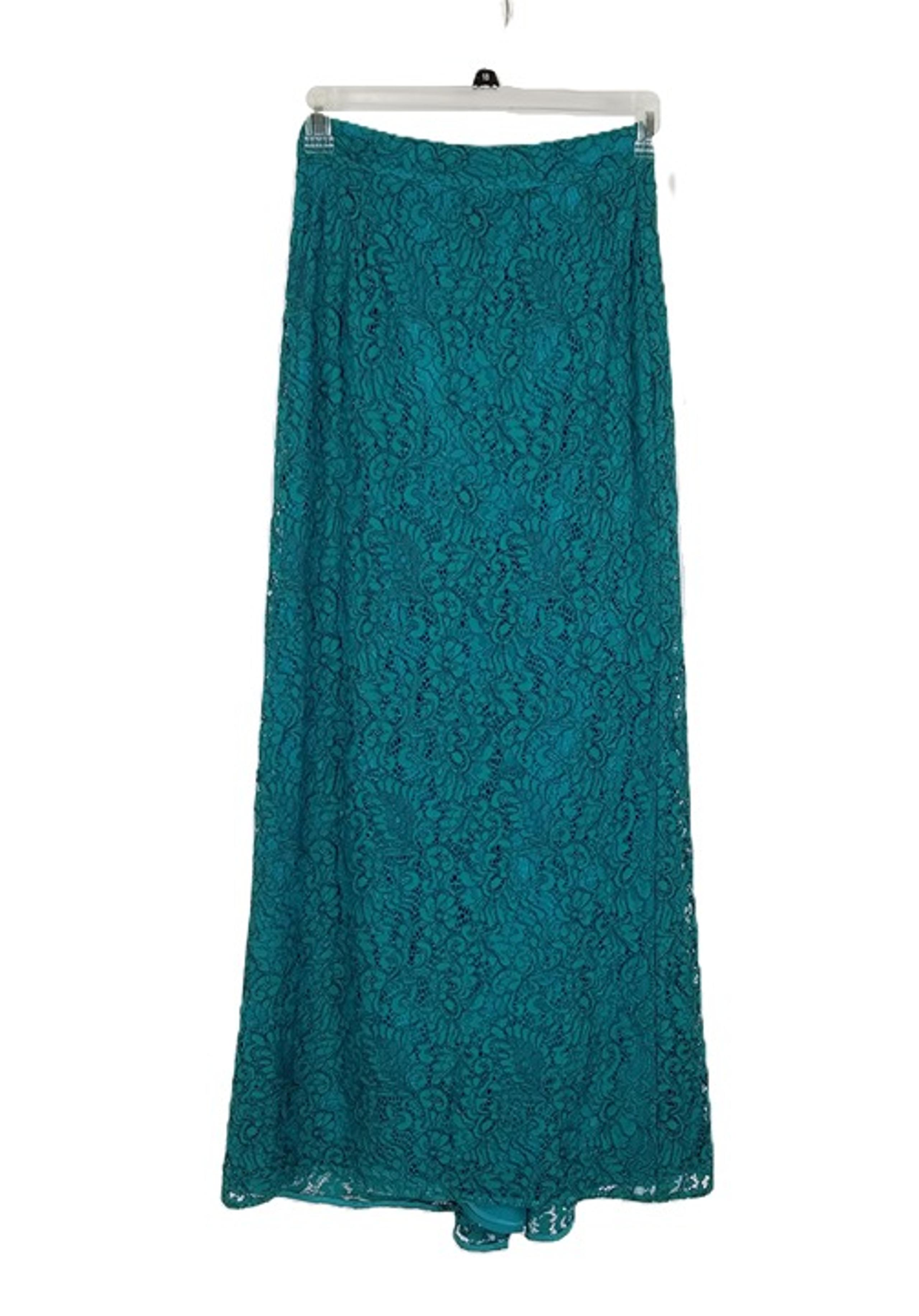 Belle Badgley Mischka Long Maxi Dress Size 4 Teal Floral Lace Lined Zip Closure