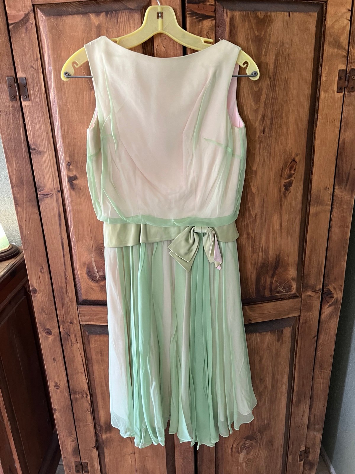 Antique 1950-60's Int. Ladies Garment Light Sheer Green On Pink Lining Dress S