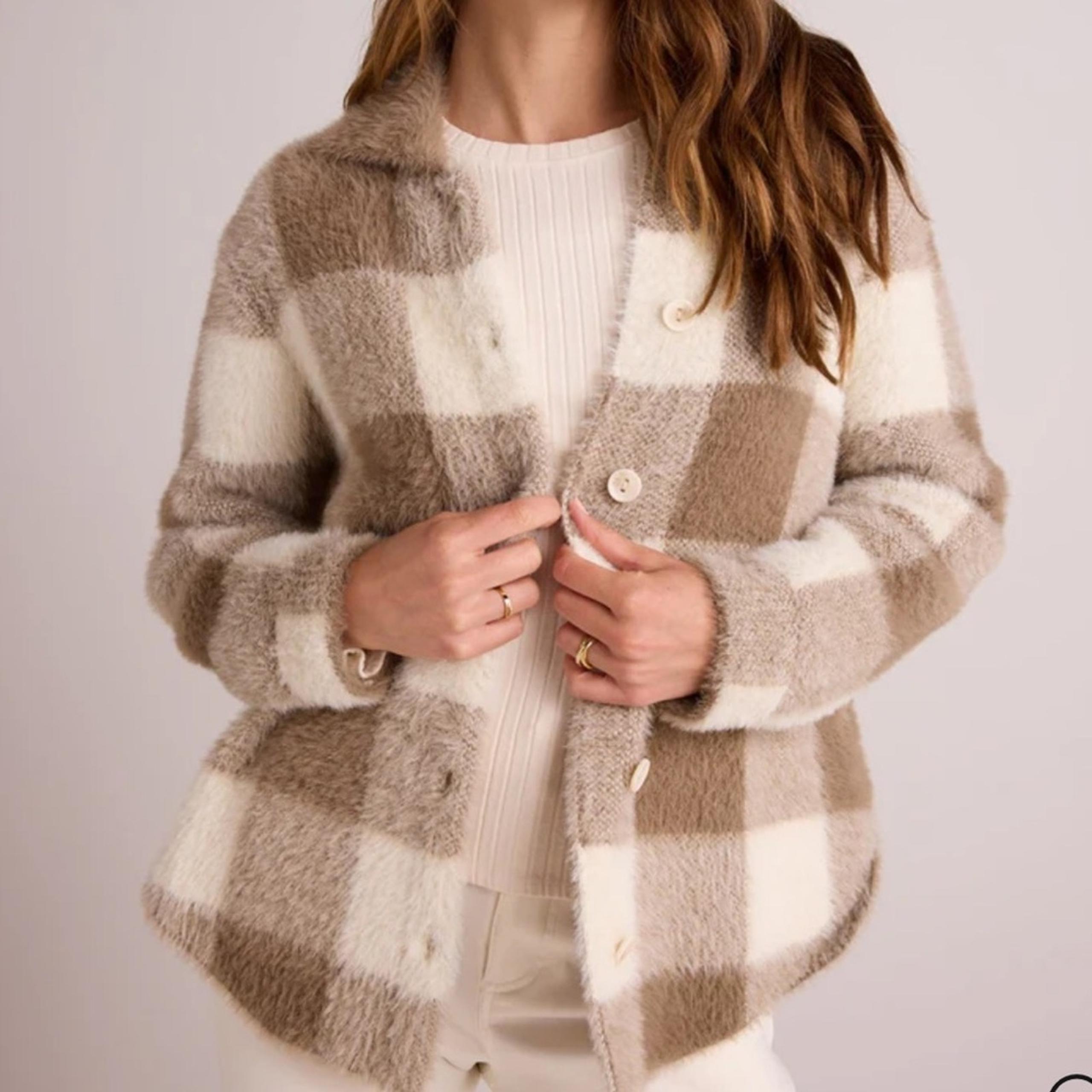 Bella Dahl Knitted Fuzzy Shacket in Ivory & Fawn