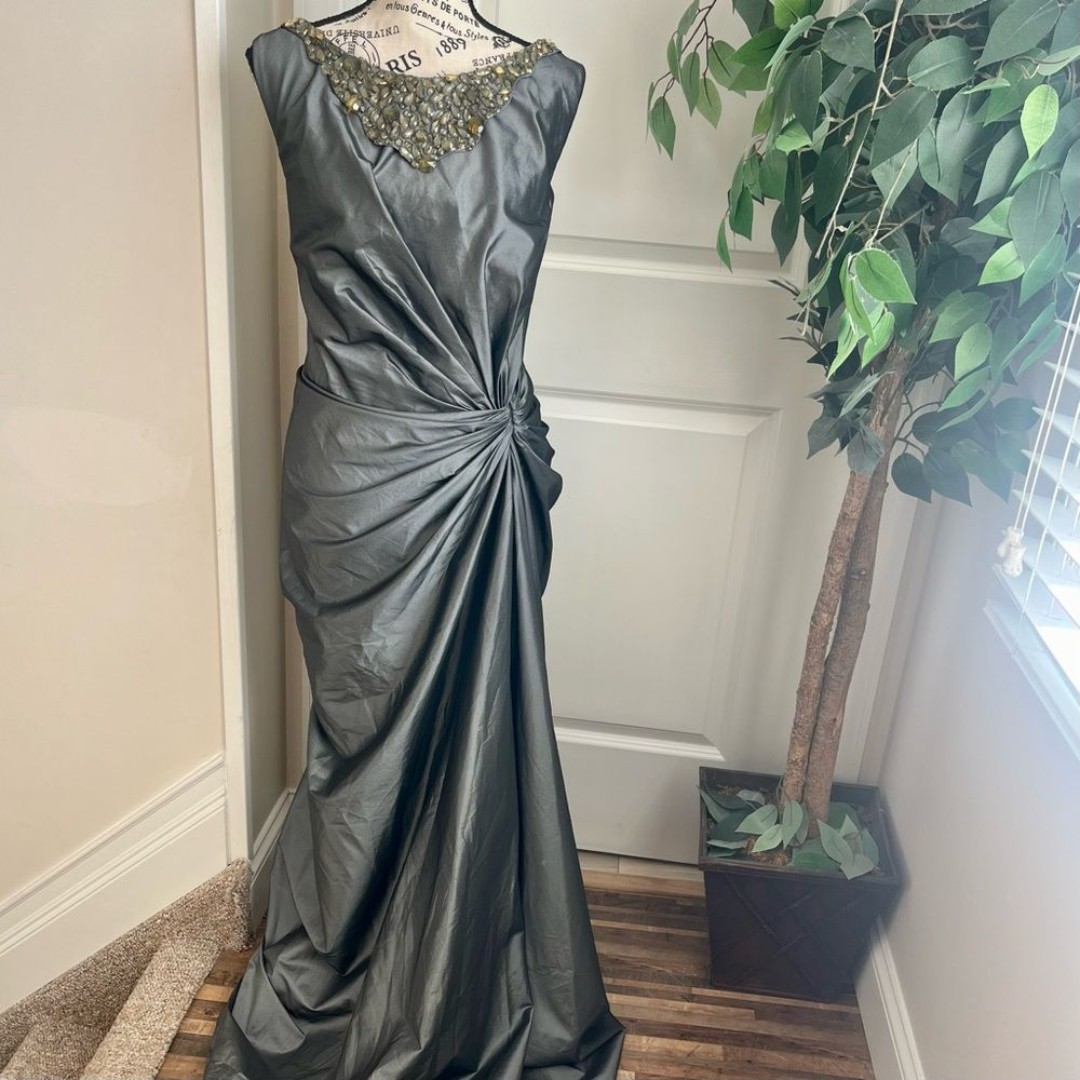 Tadashi Shoji Jewel Embellished Draped Waist Floor Length Dress Gray Sz 14