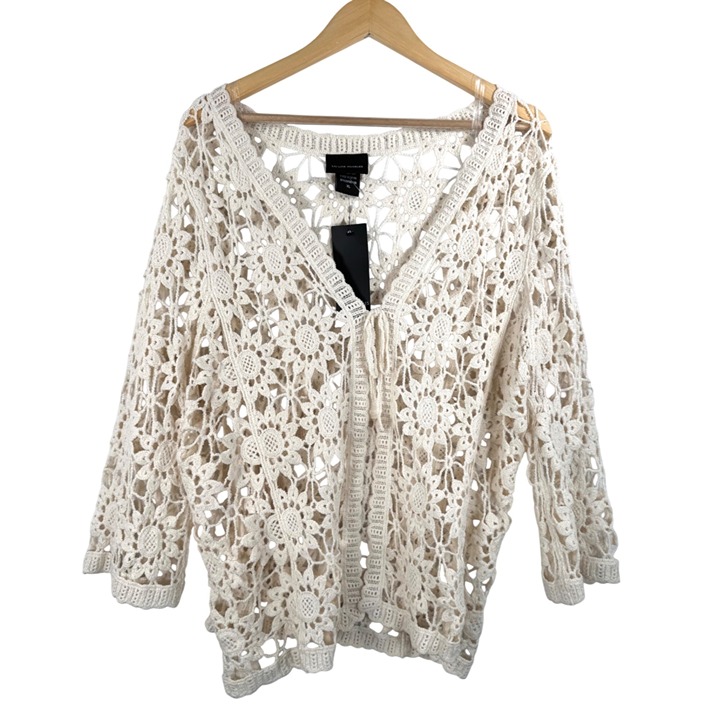 Liv Los Angeles relaxed boho crochet open knit cardigan cream sz XL