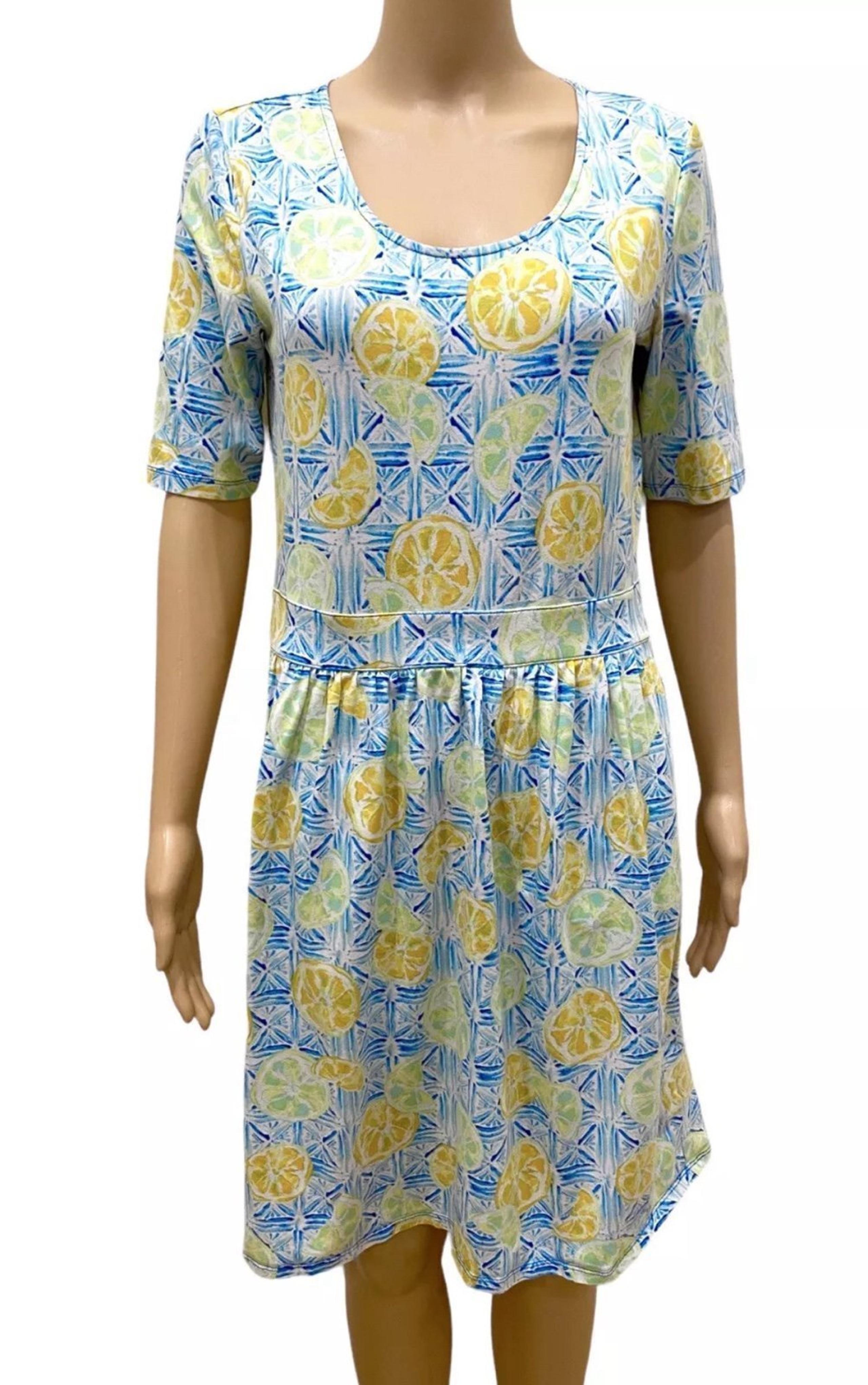 Lands’ End Women’s Size Small Blue Citrus Dress Short Sleeve Knee Length Pockets