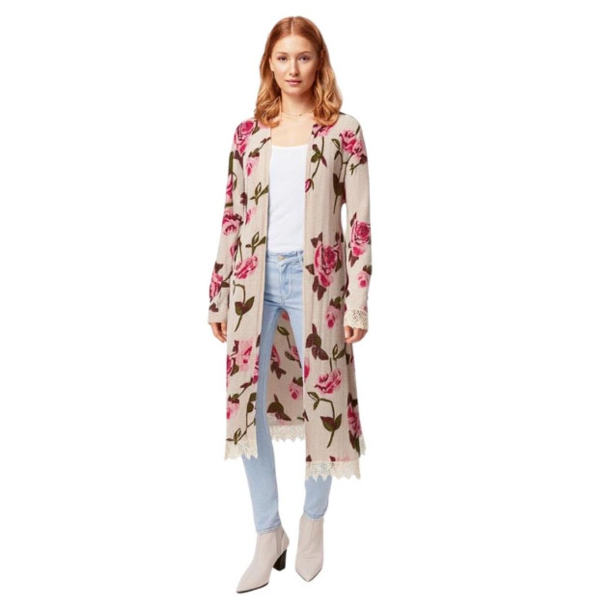 Freshman Beige & Pink Floral & Lace Trim Duster Cardigan Sweater Size M