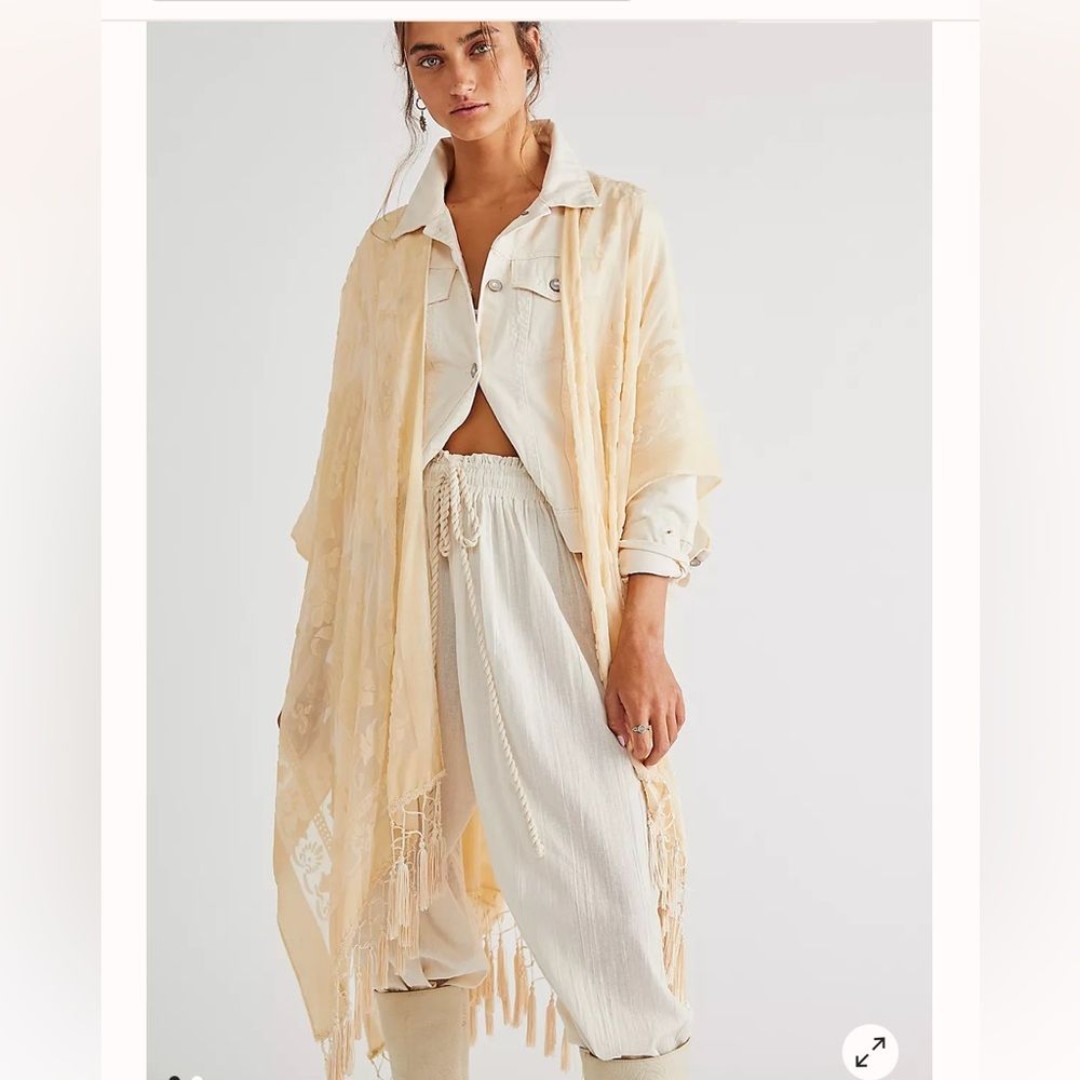 NWOT Free People Nightbird Burnout Velvet Fringed Kimono champagne Cream