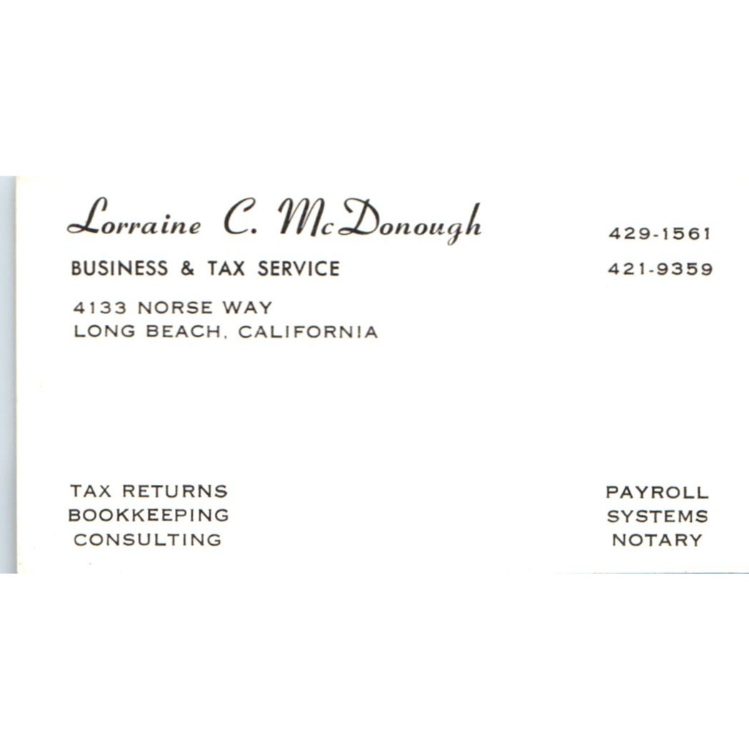 Lorraine C. McDonough Bookkeeping Long Beach Vintage Business Card SD8-B10