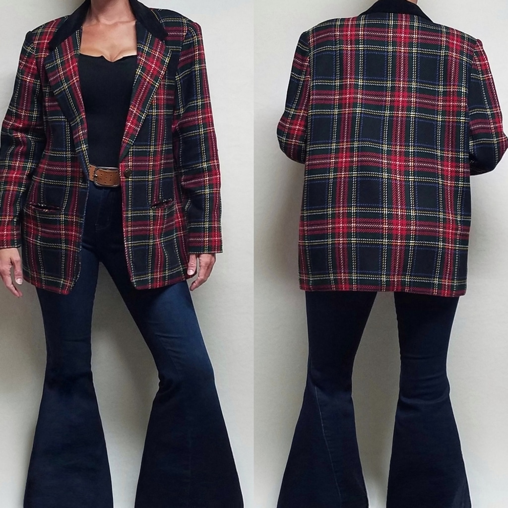 90s Vintage Requirements Christmas Plaid Wool Blend Velvet Collared Jacket L