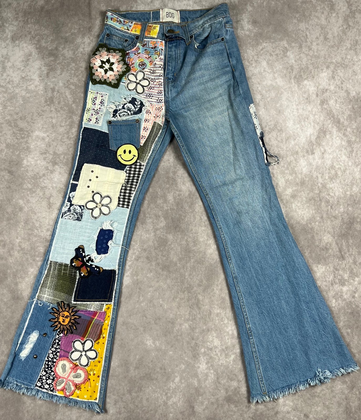BDG Urban Outfitters High-Waisted Craft Flare Jeans Size 24 Patchwork Raw Hem