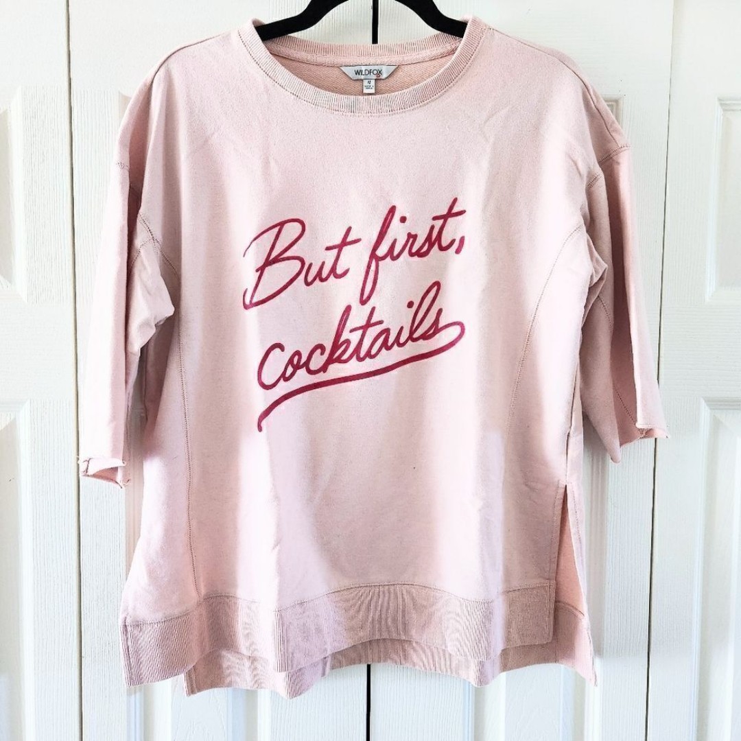 Wildfox But First Cocktails Pink Sweatshirt Cutoff Sleeves Women's Medium