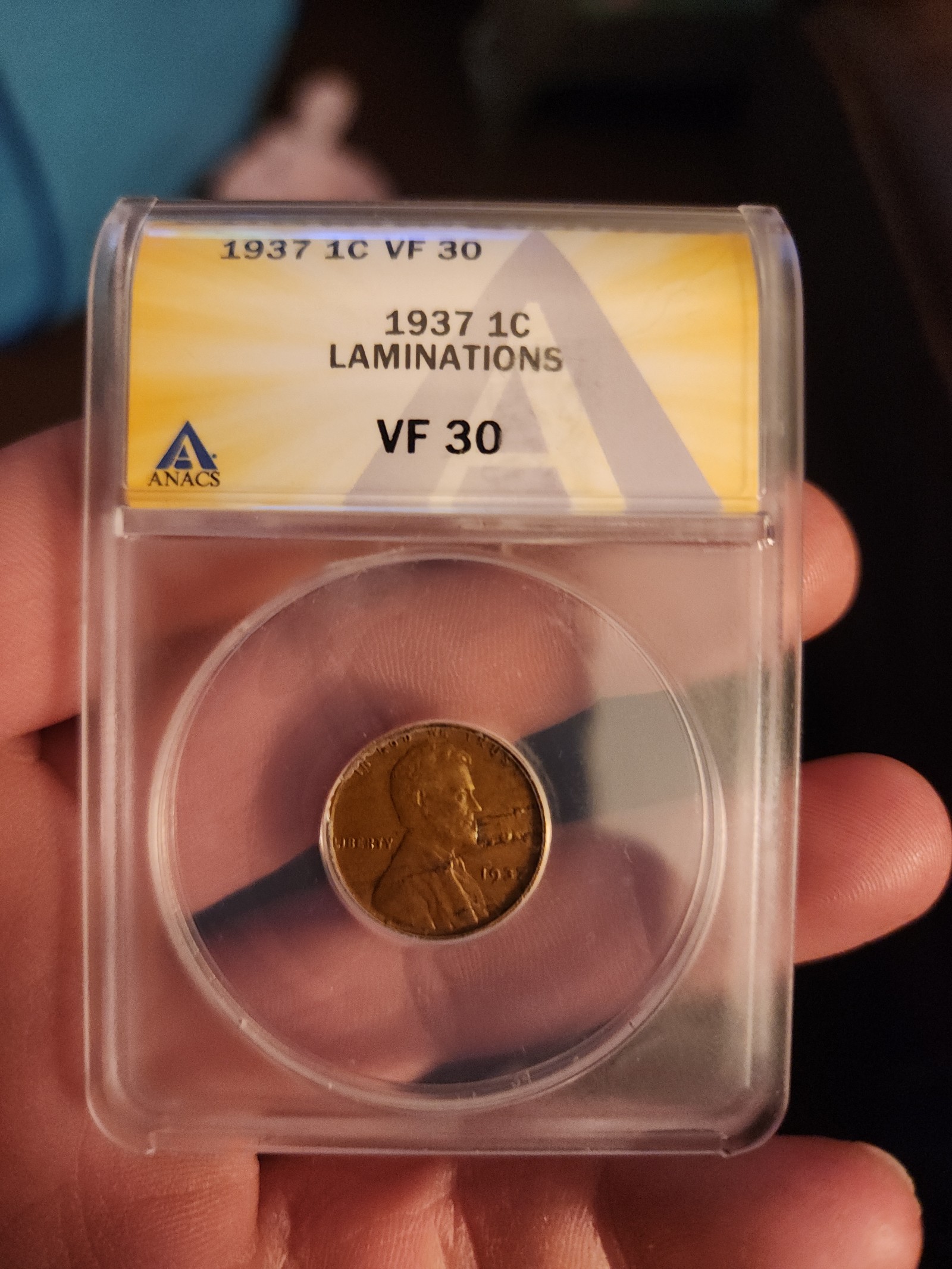 1937 1C VF 30 Laminations Error. ANACS Holder.