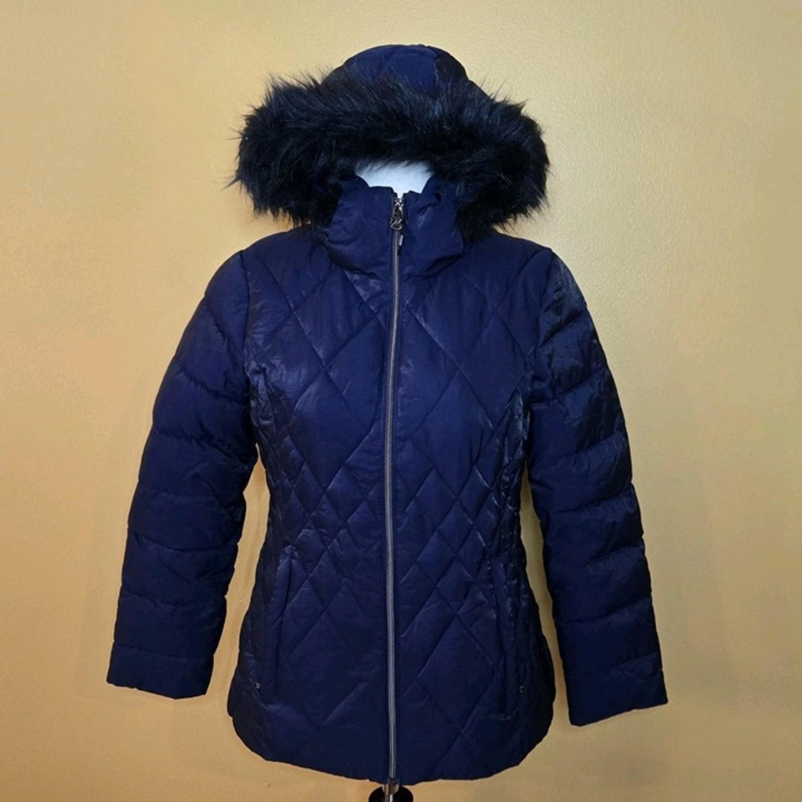 ZeroXposur Black Label Puffer Womens Blue Navy Winter Jacket Fur Hood Med Quilt