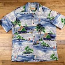 VINTAGE Paradise On A Hanger Shirt Size Large Palm Trees Hawaiian Short Sleeve