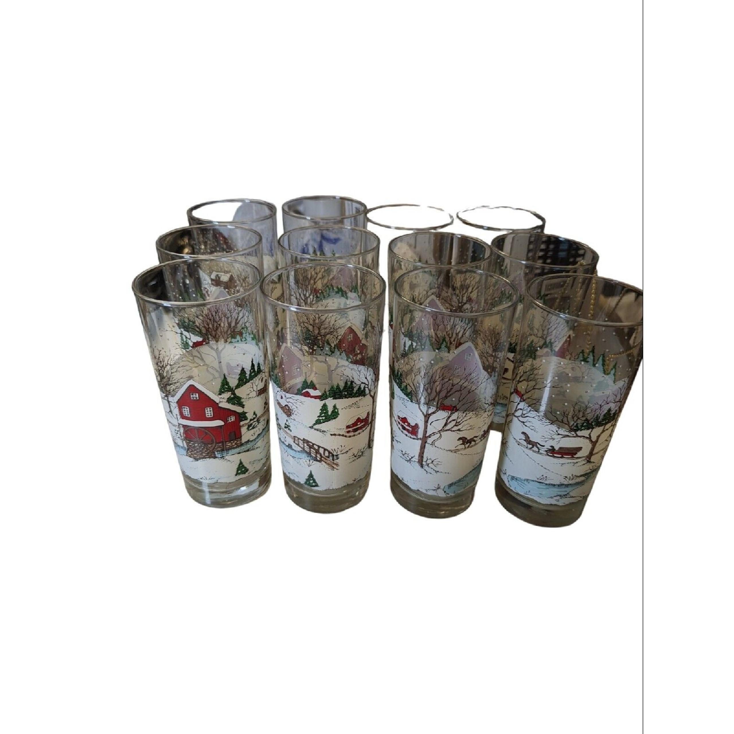 12 Vintage Libbey Christmas Winter Scene Horse Sleigh Barn 16 oz. Glasses