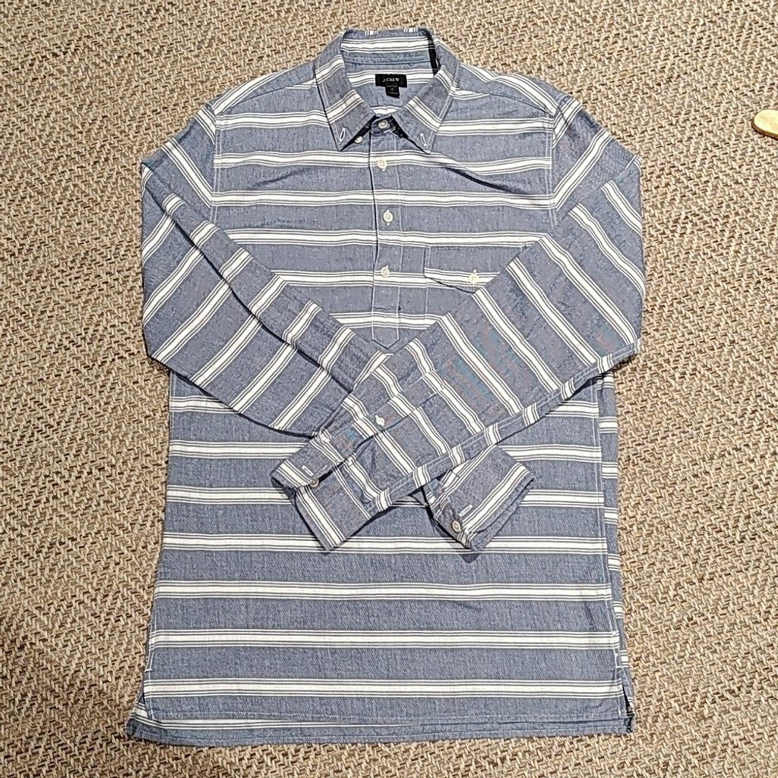 J Crew Shirt Mens Large Gray Striped Chambray Half Button Long Sleeve Size Small