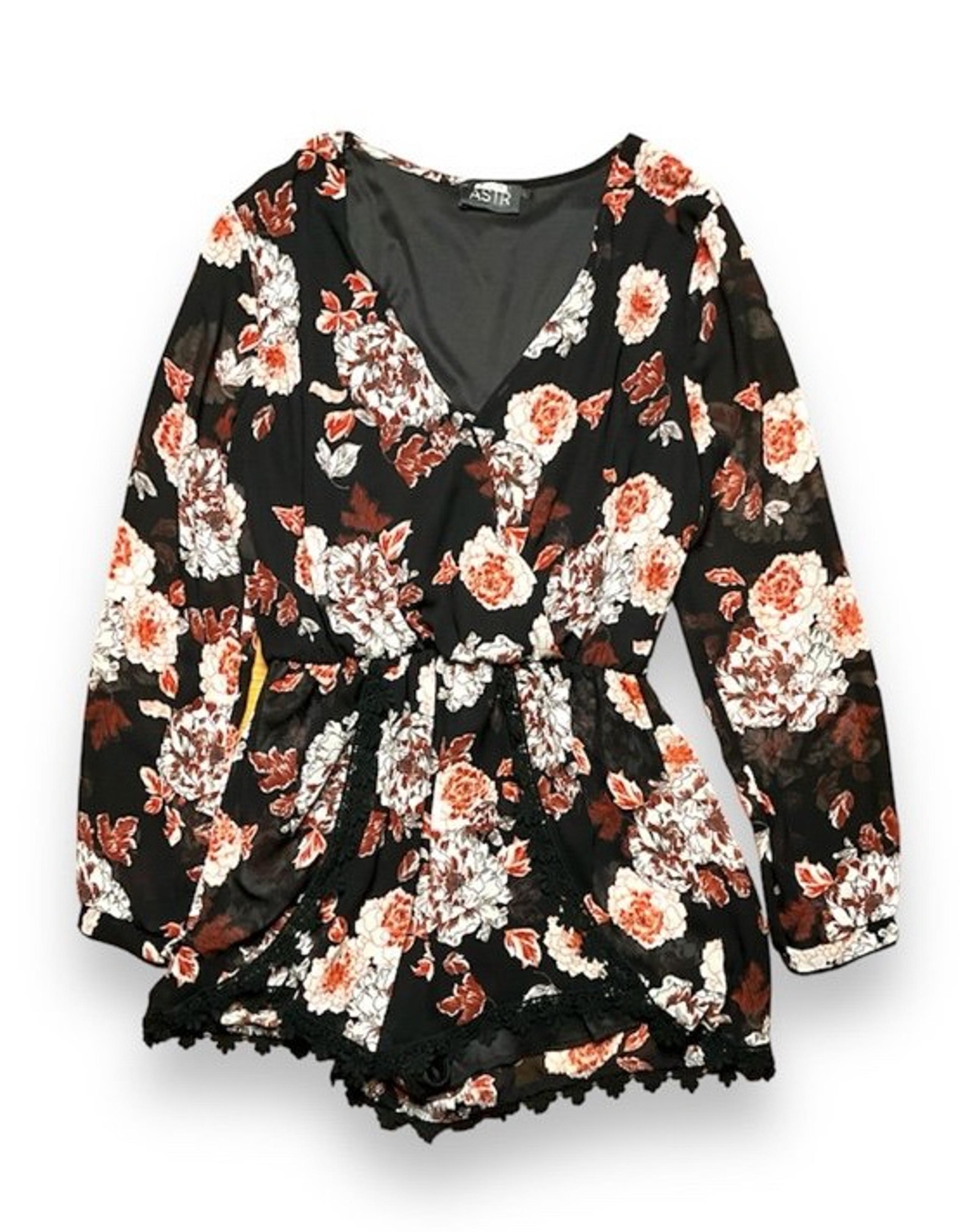 ASTR romper jumpsuit black white pink floral long sleeve medium