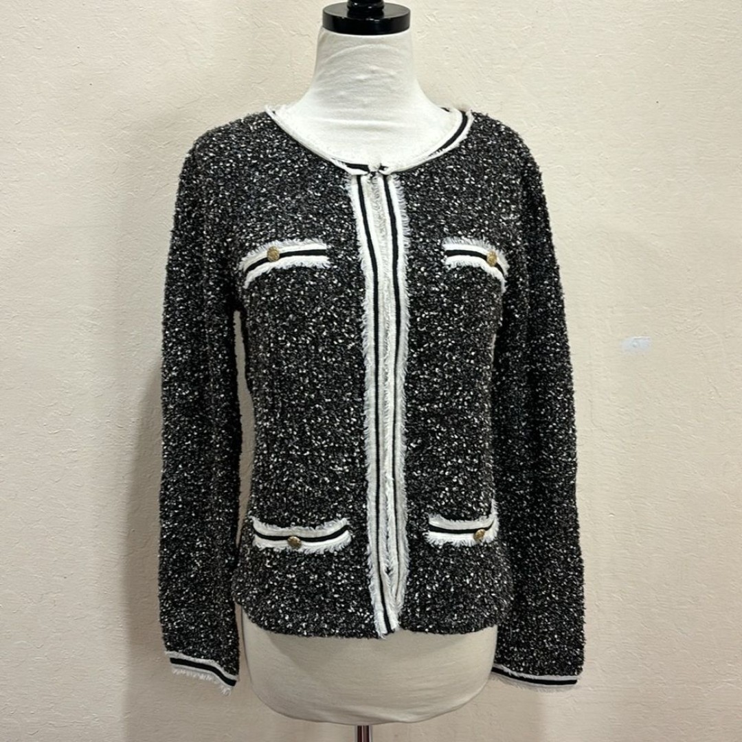 Alice & Olivia Gray & Cream Eyelash Trim Wool Blend Cardigan Sweater ~ M / L