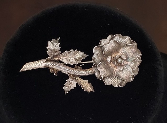 Vintage Mexico Taxco LCT Sterling Silver Rose Flower Branch Brooch
