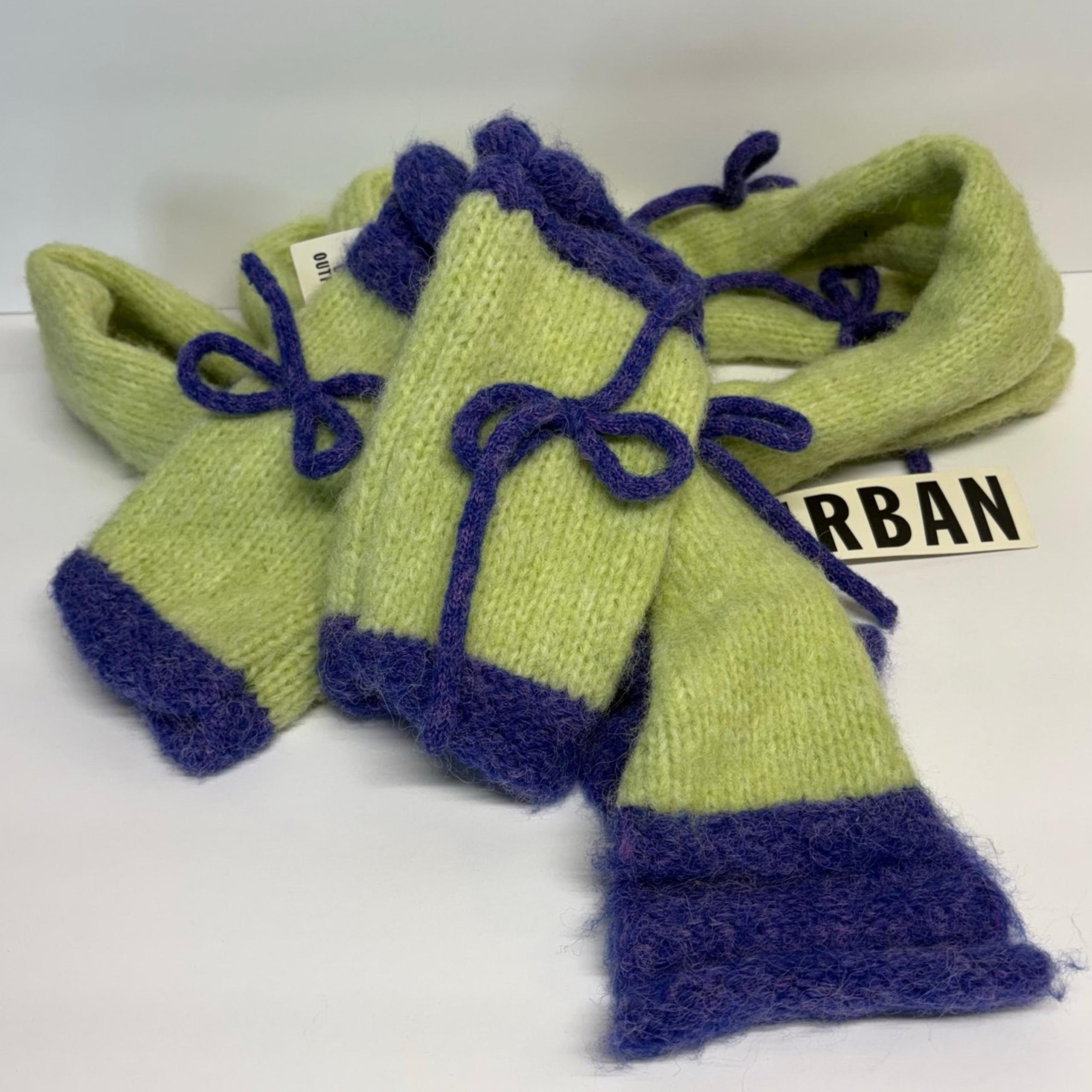 Urban Outfitters Gretch Bow Scarf & Fingerless Glove Set Green Purple Wool Blend