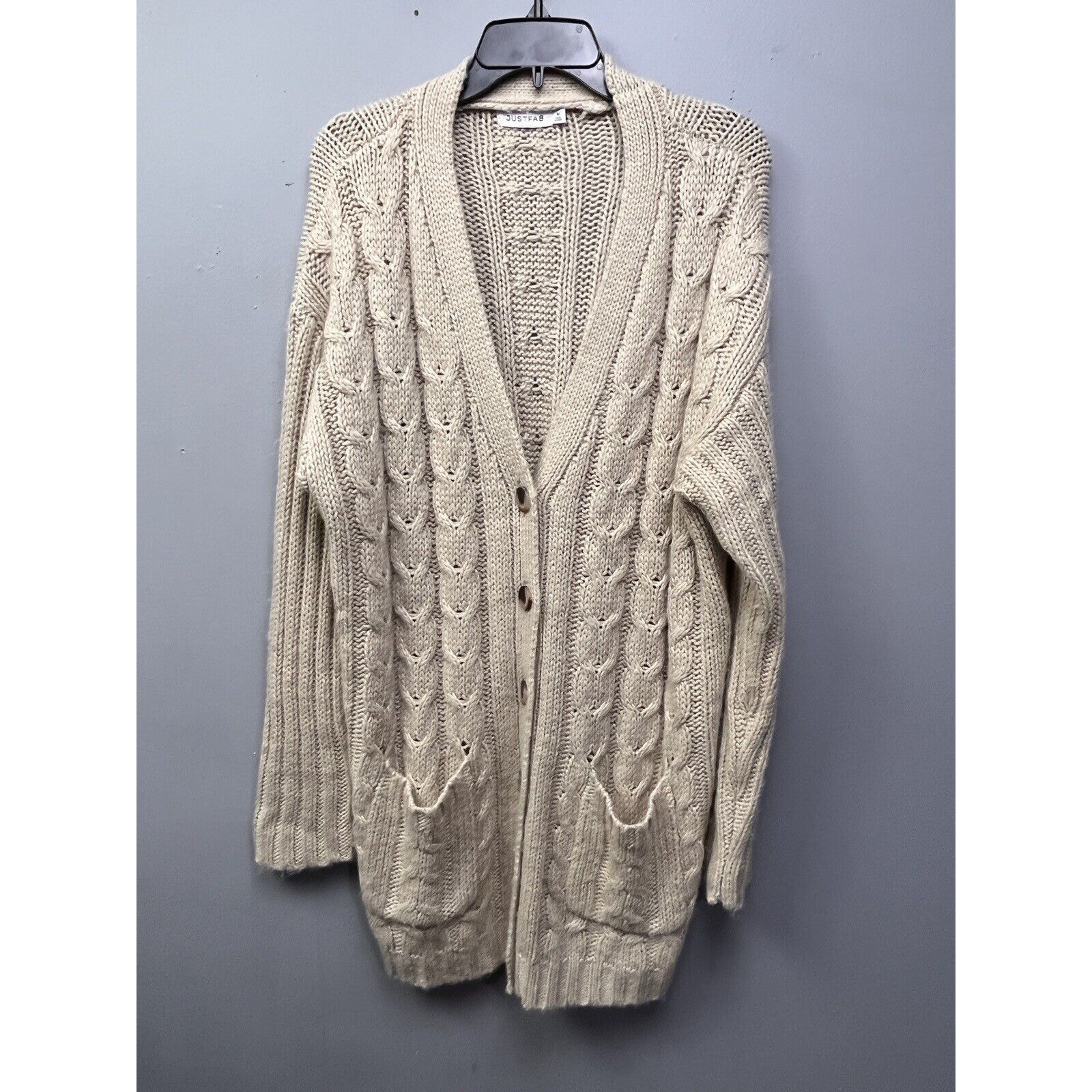 Just Fab Cardigan Womens Medium Long Button front pockets Cable Knit Tan Neutral