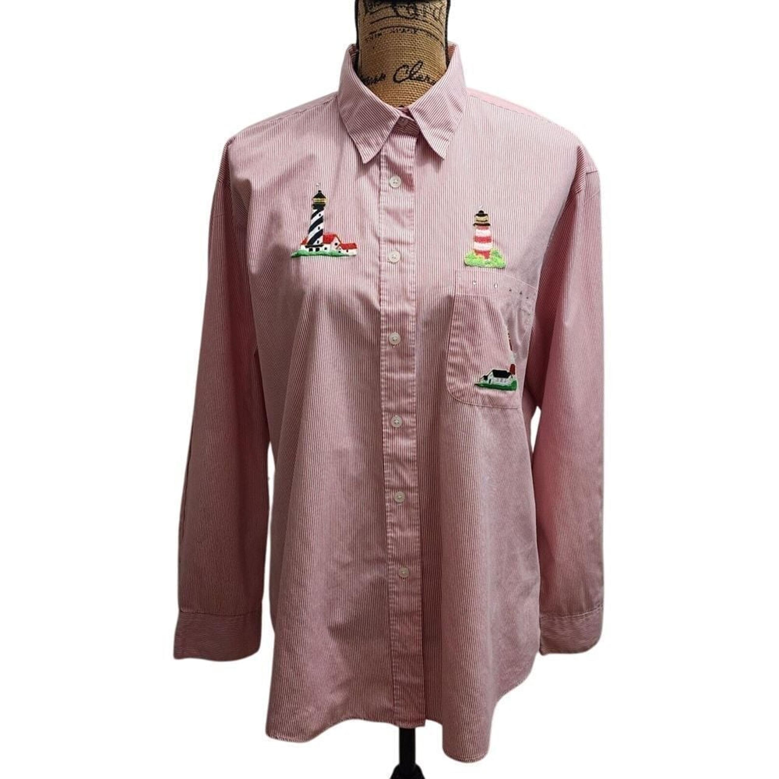 90's Las Olas Lighthouse Blouse Button Down Size Large Pink Pinstriped